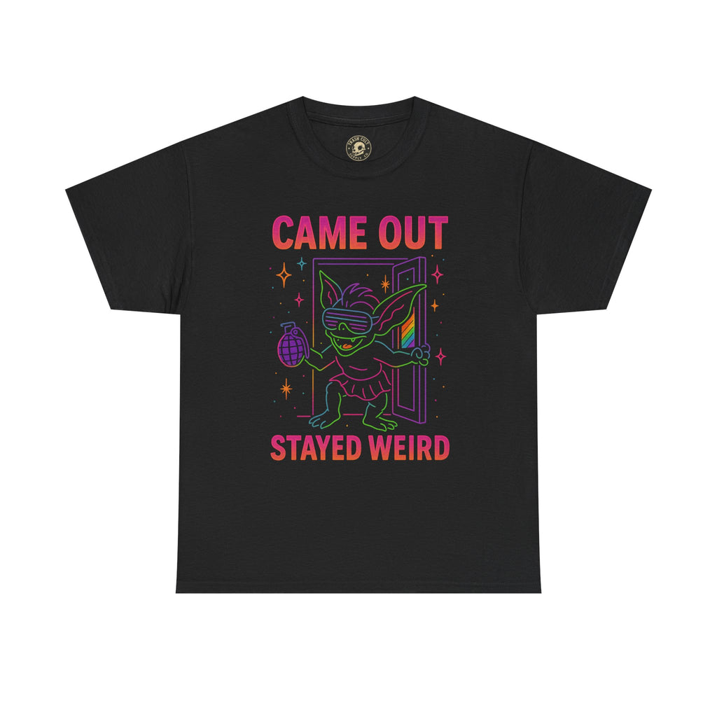 Came Out, Stayed Weird – Neon Gremlin Pride T-Shirt | Gildan Unisex Heavy Cotton Tee | LGBTQ+ Graphic Shirt