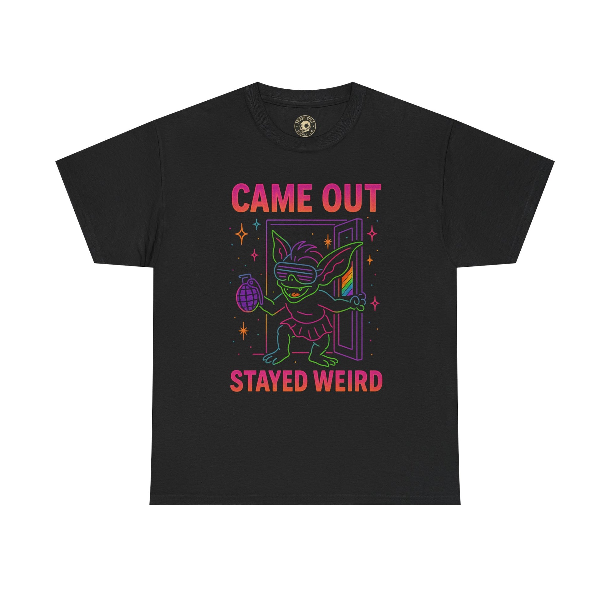 Came Out, Stayed Weird – Neon Gremlin Pride T-Shirt | Gildan Unisex Heavy Cotton Tee | LGBTQ+ Graphic Shirt