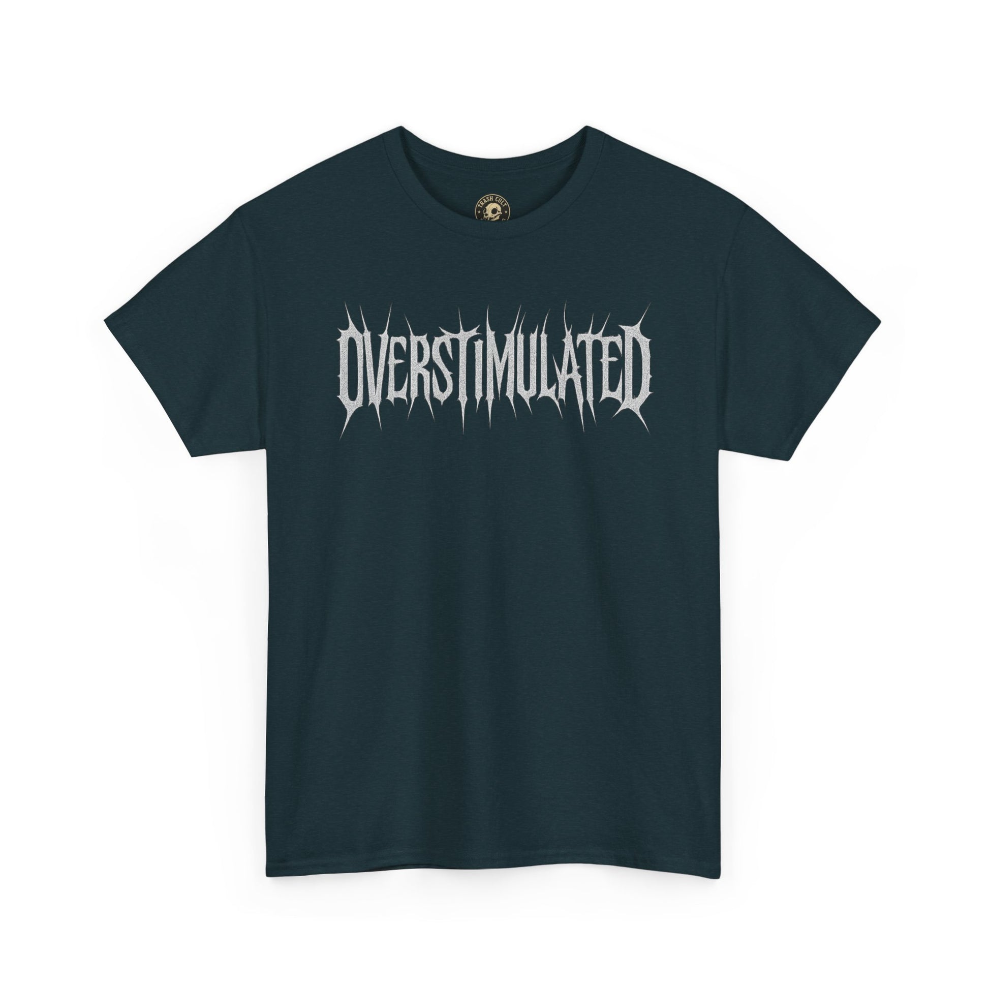 OVERSTIMULATED Metalcore Grunge Shirt – White on Black Distressed Font Tee