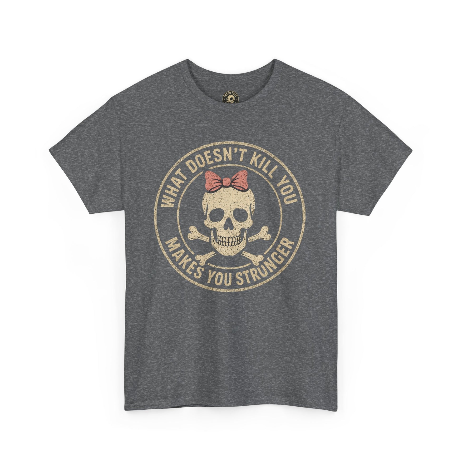 “What Doesn’t Kill You Makes You Stronger” Skull & Bow T-Shirt – Vintage Grunge Graphic | Gildan 5000