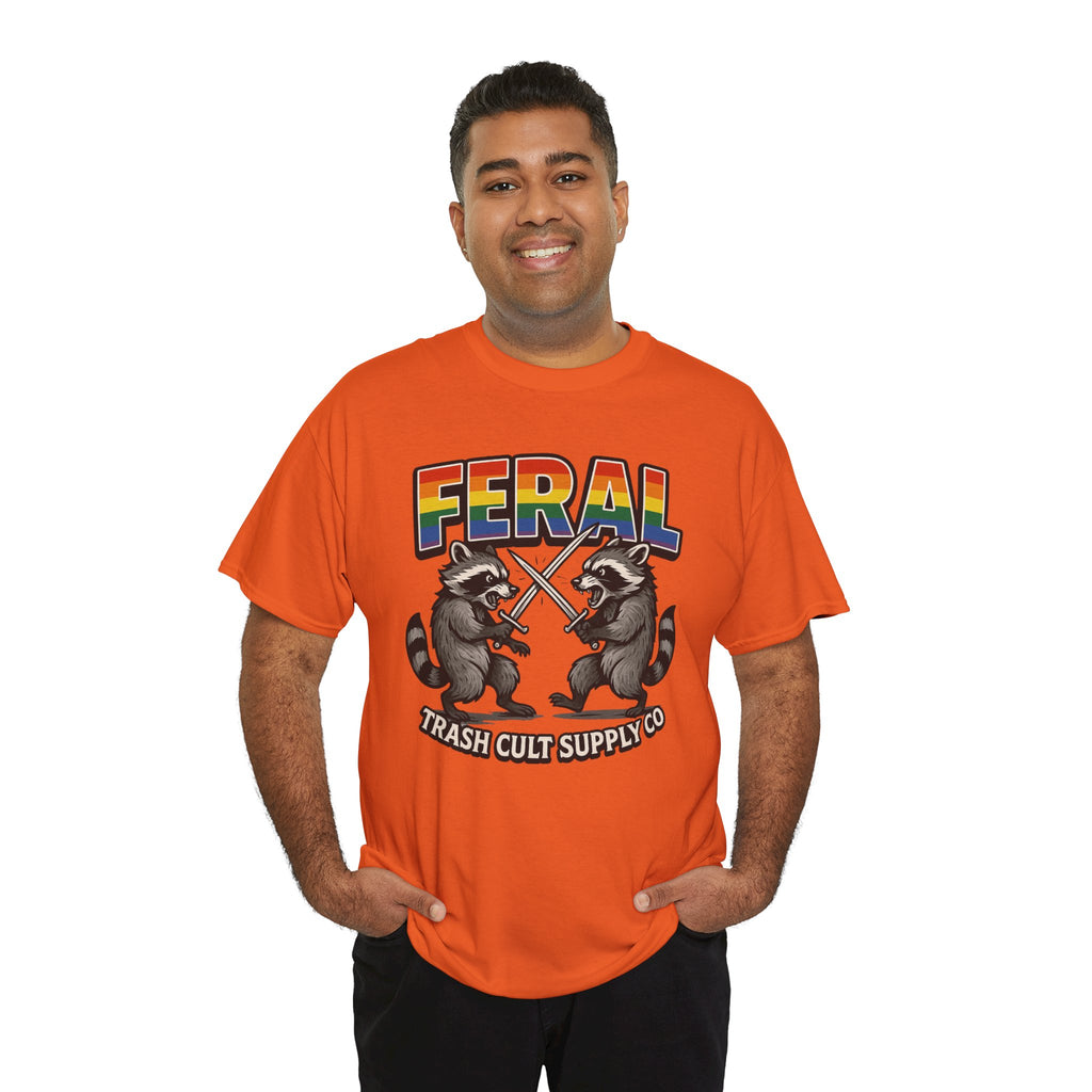 FERAL Rainbow Raccoon Sword Fighting Graphic Tee – Gildan 5000 Heavy Cotton