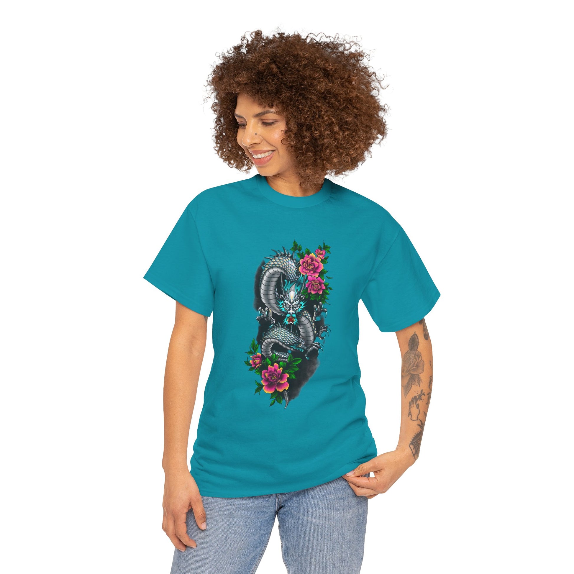 Mythic Dragon & Peonies Tattoo T-Shirt – Lara Davenport x Trash Cult Supply Co. Collab (Gildan 5000)
