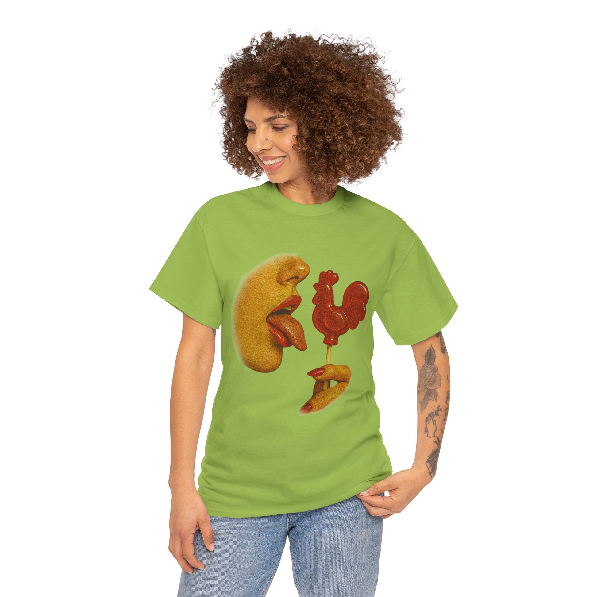 Bold Retro Halftone Tease – Red Rooster Lollipop Graphic Tee