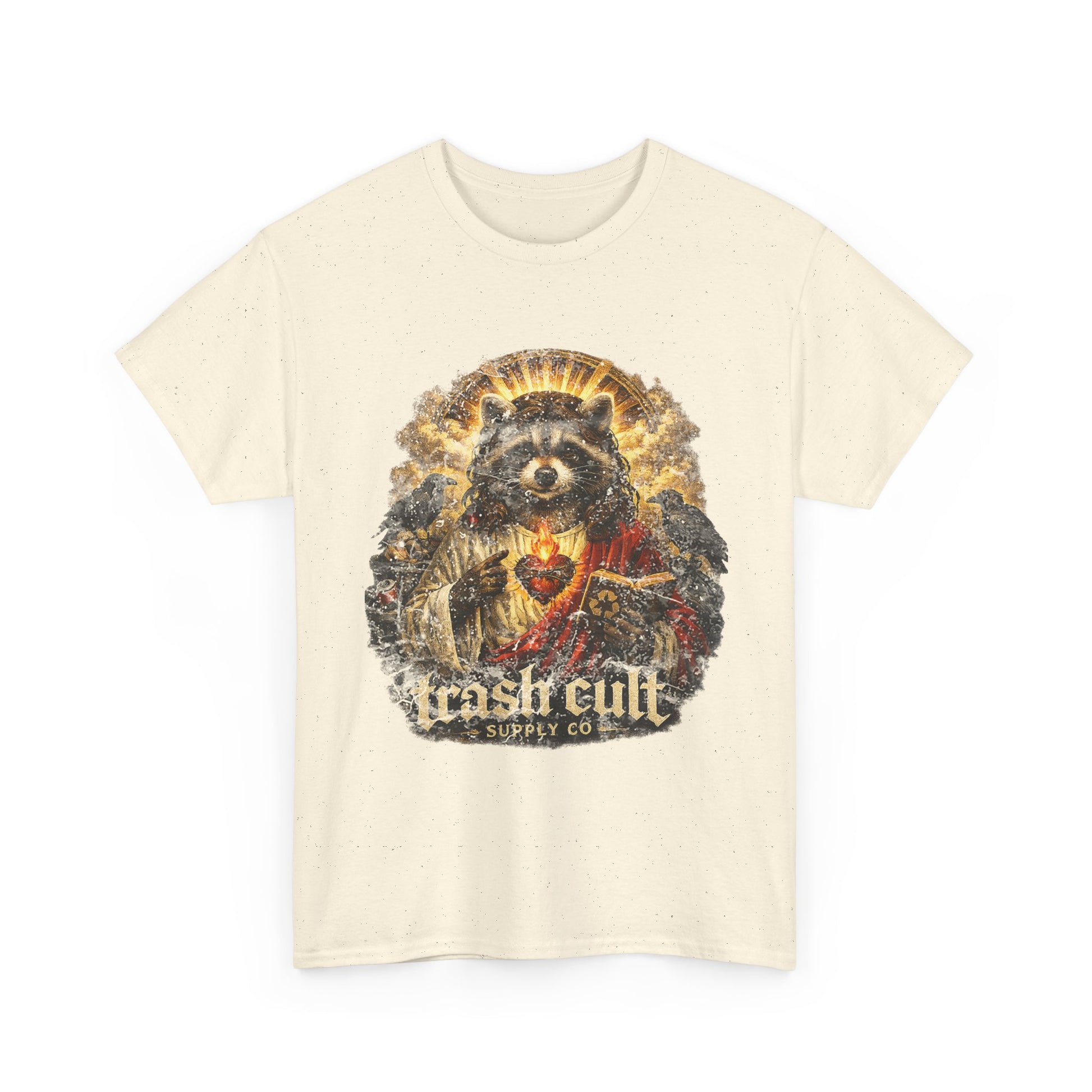 Raccoon Saint Graphic Tee — “Trash Cult” Vintage Devotional Design