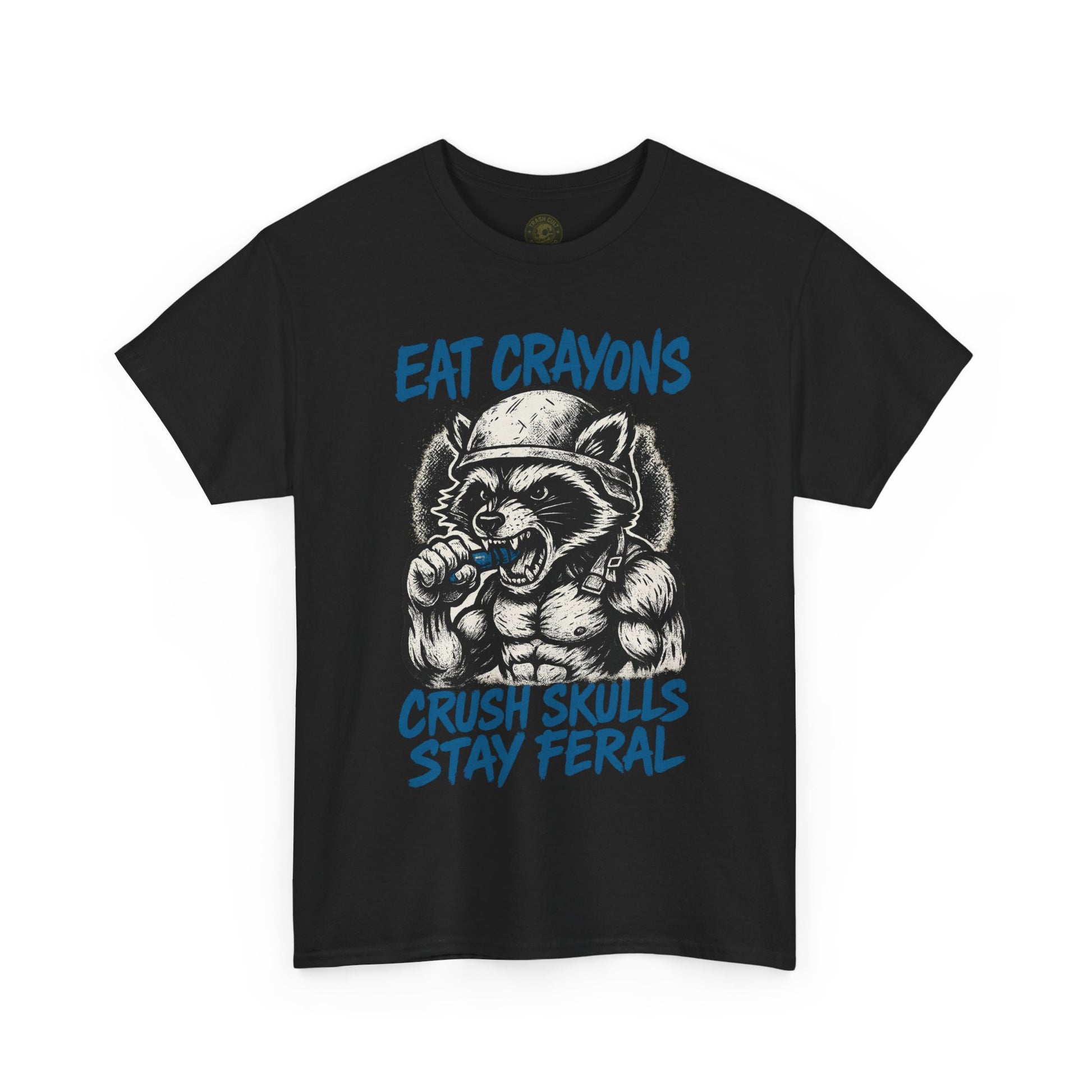 Eat Crayons Crush Skulls Stay Feral Military Raccoon Shirt – Gildan 5000