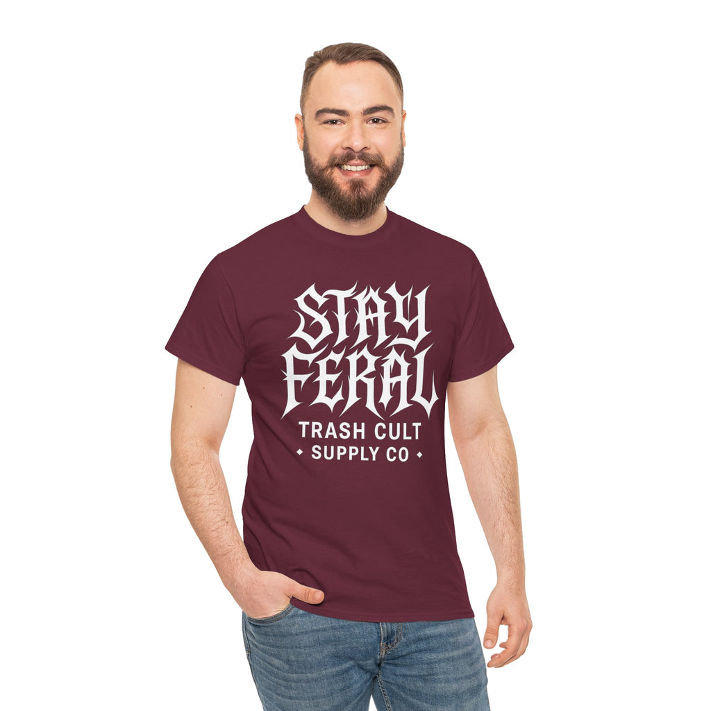 Unisex Heavy Cotton Tee - Stay Feral Graphic Tee, Streetwear Shirt, Gift for Wild Spirits, Eco-Friendly Casualwear, Summer Fashion