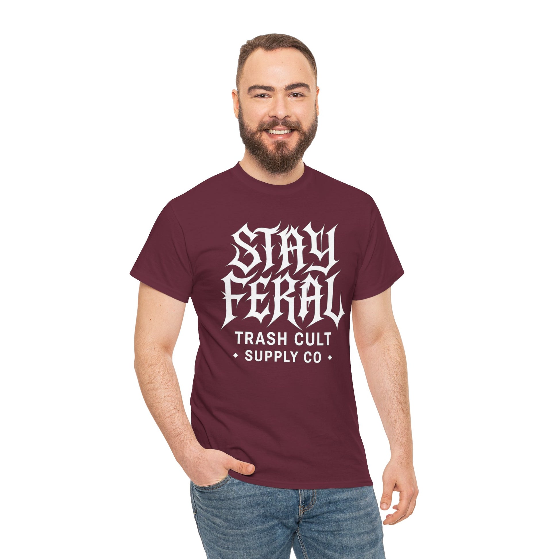 Unisex Heavy Cotton Tee - Stay Feral Graphic Tee, Streetwear Shirt, Gift for Wild Spirits, Eco-Friendly Casualwear, Summer Fashion