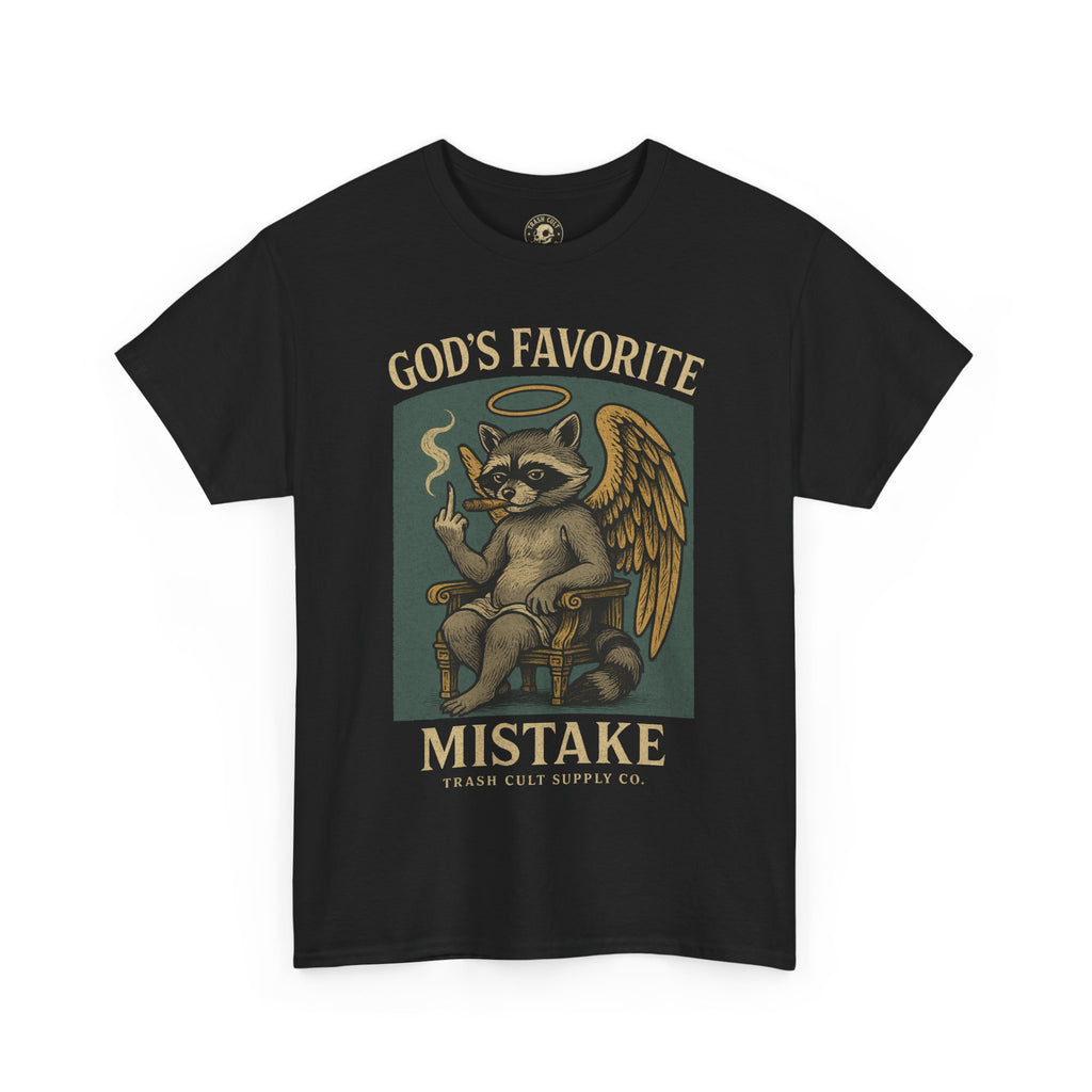 God’s Favorite Mistake Shirt – Raccoon Angel Flipping the Bird by Trash Cult Supply Co.