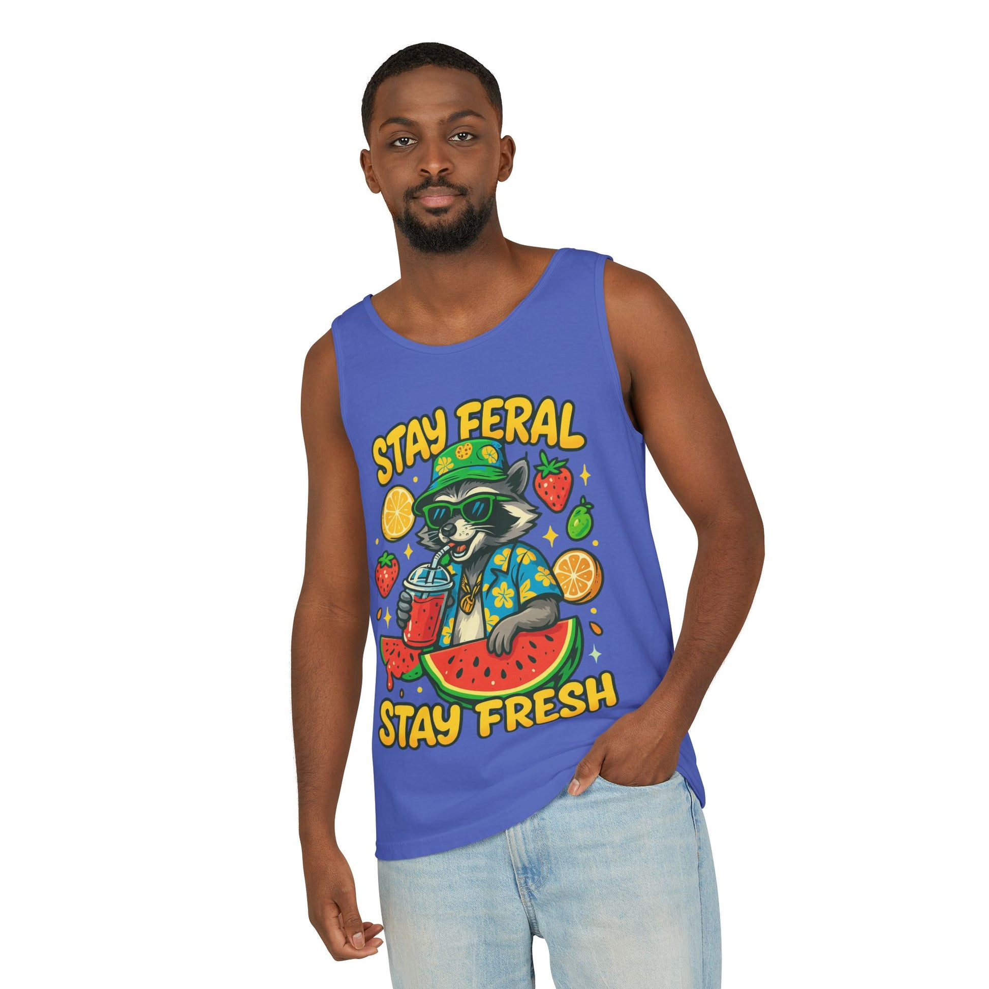 Stay Feral Stay Fresh Tank Top, Summer Apparel, Unisex Graphic Tee, Beachwear, Fun Gift for Animal Lovers