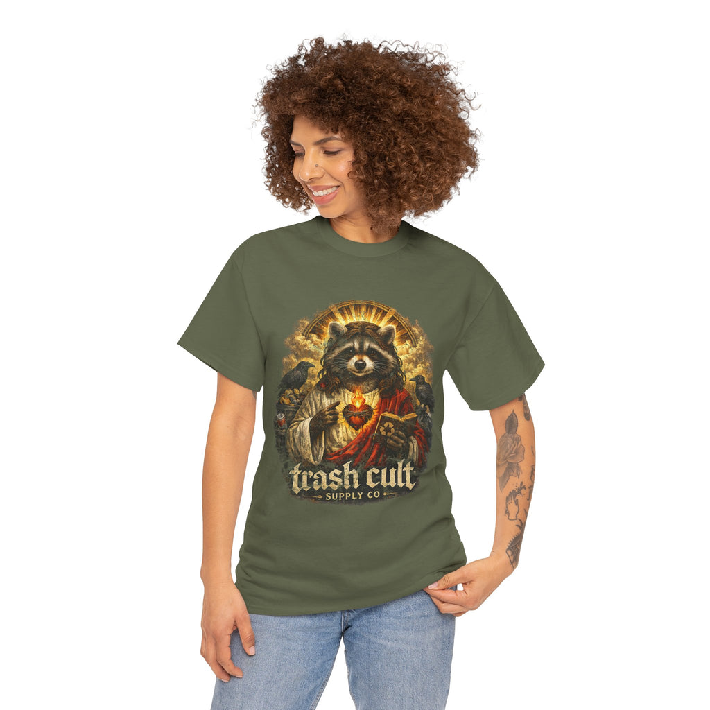 Raccoon Saint Graphic Tee — “Trash Cult” Vintage Devotional Design
