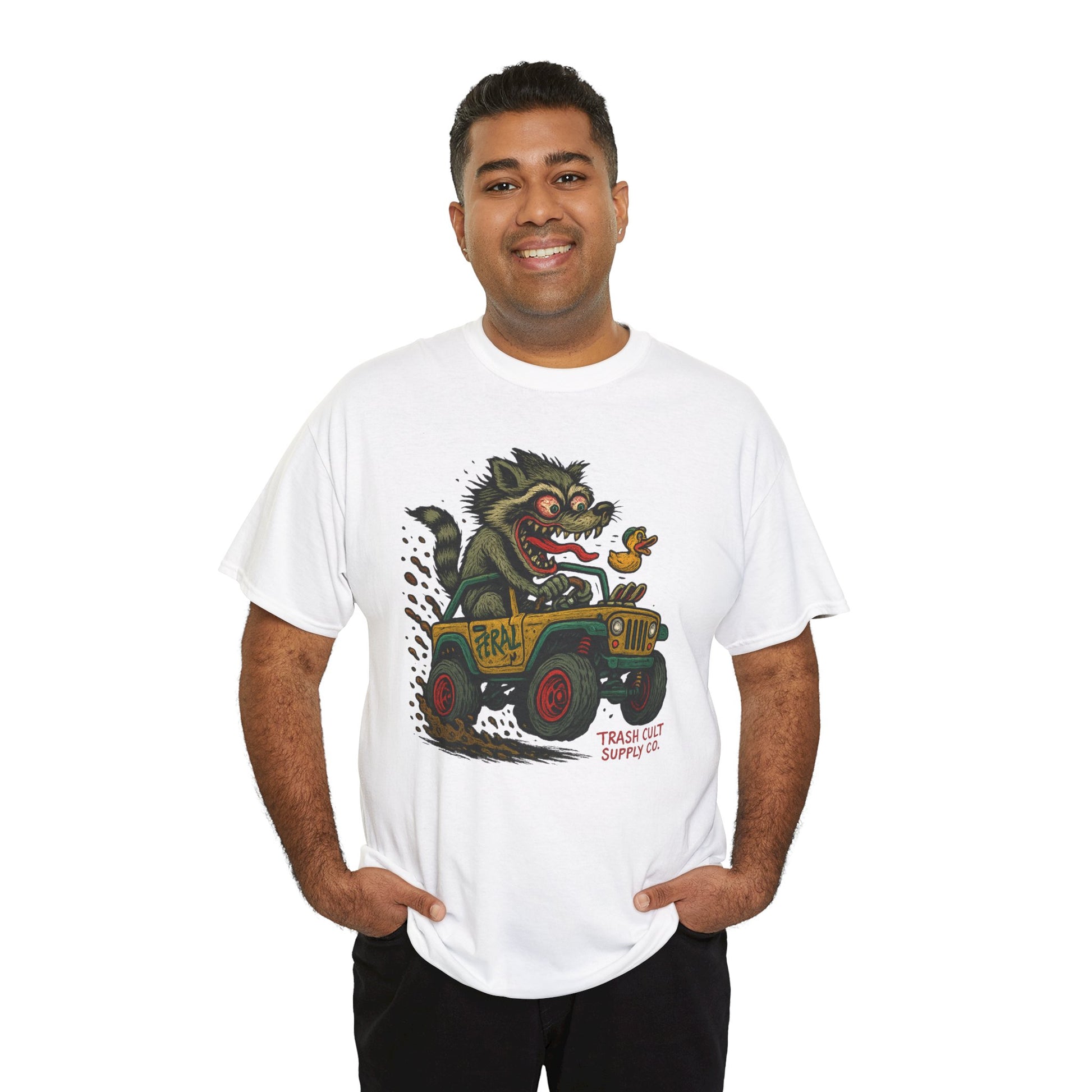 Feral Jeep Raccoon Shirt – Ed Roth Style Off-Road Chaos | Trash Cult Supply Co | Gildan 5000 Tee