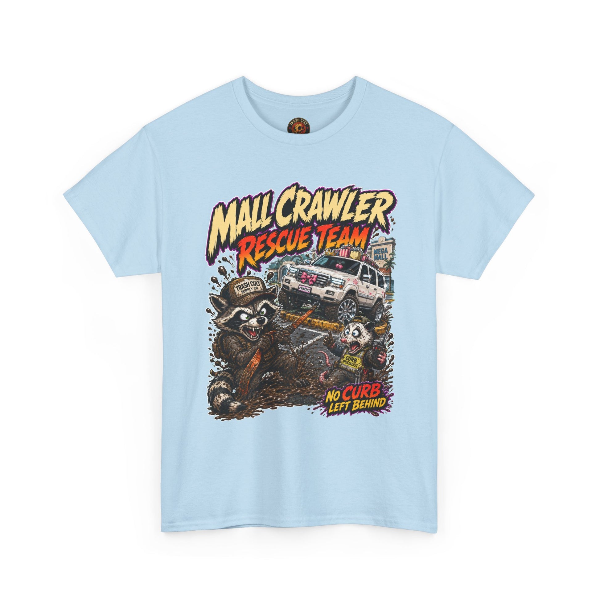 Mall Crawler Rescue Team T‑Shirt — Vintage Raccoon Rescue Graphic Tee (“No Curb Left Behind”)