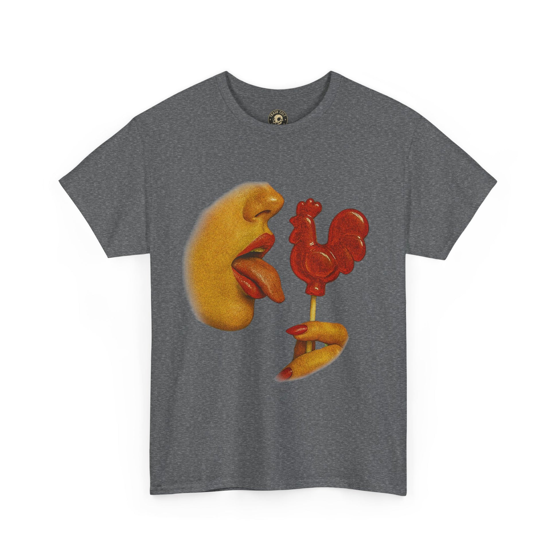 Bold Retro Halftone Tease – Red Rooster Lollipop Graphic Tee