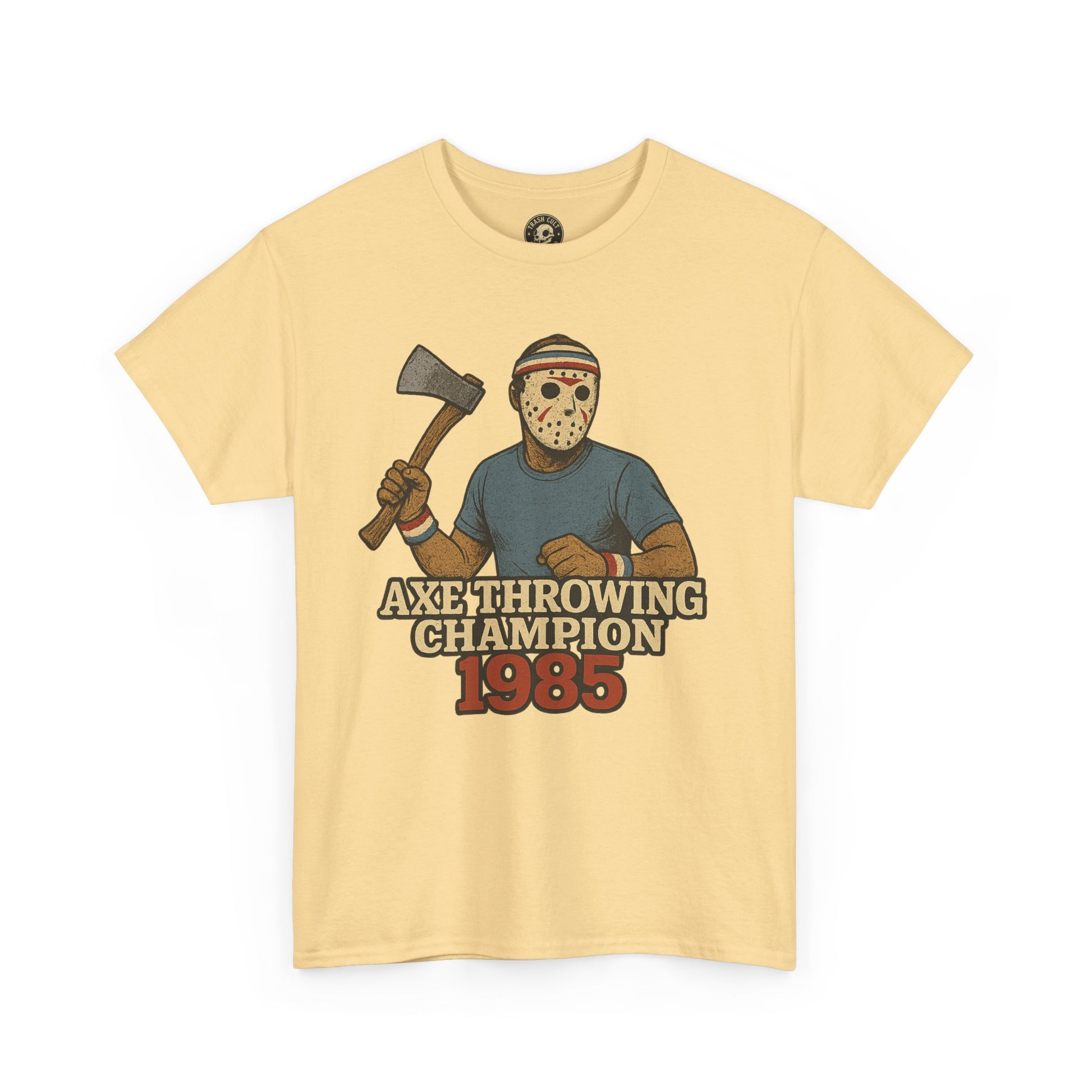 Jason Voorhees Axe Throwing Champion 1985 T-Shirt – Retro Slasher Workout Parody | Gildan 5000 Tee
