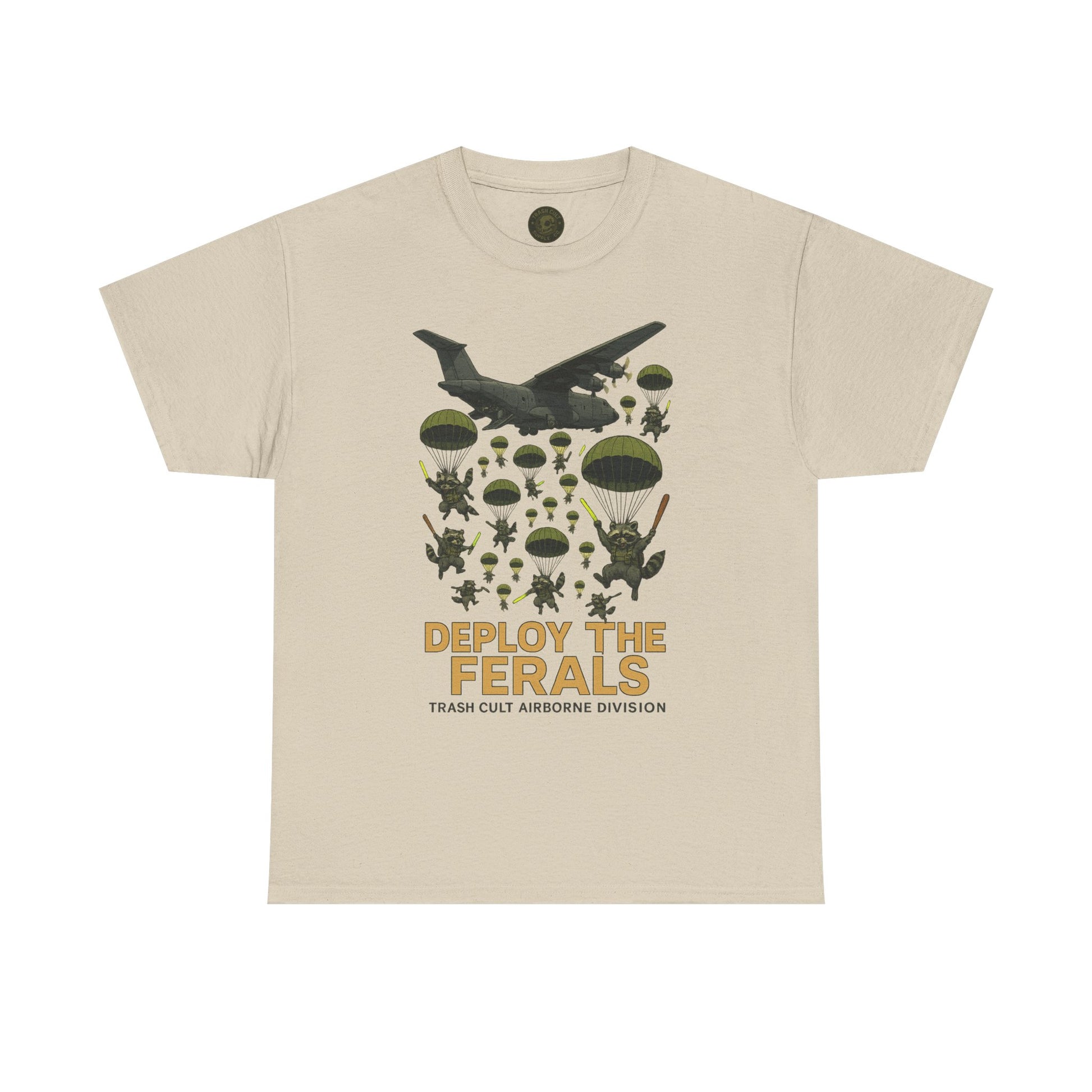 Deploy the Ferals T-Shirt – Airborne Raccoon Drop Graphic | Trash Cult Supply Co. | Gildan 5000 Heavy Cotton Tee