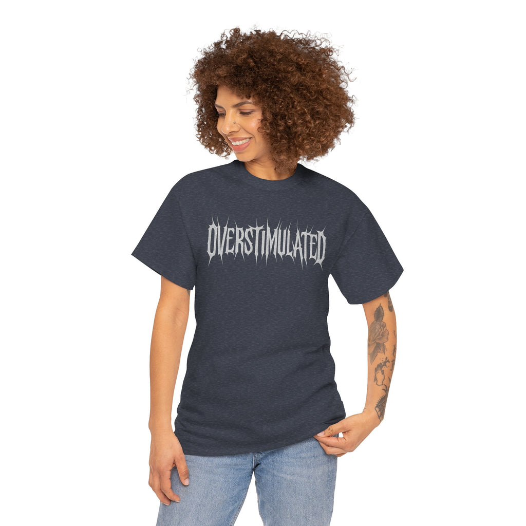 OVERSTIMULATED Metalcore Grunge Shirt – White on Black Distressed Font Tee