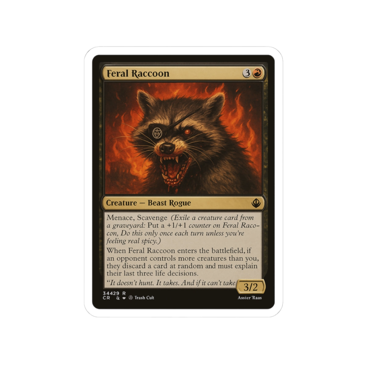 Feral Raccoon Magic Card Sticker – Funny MTG-Inspired Kiss Cut Sticker, Trash Cult Creature Card, Chaotic Beast Rogue