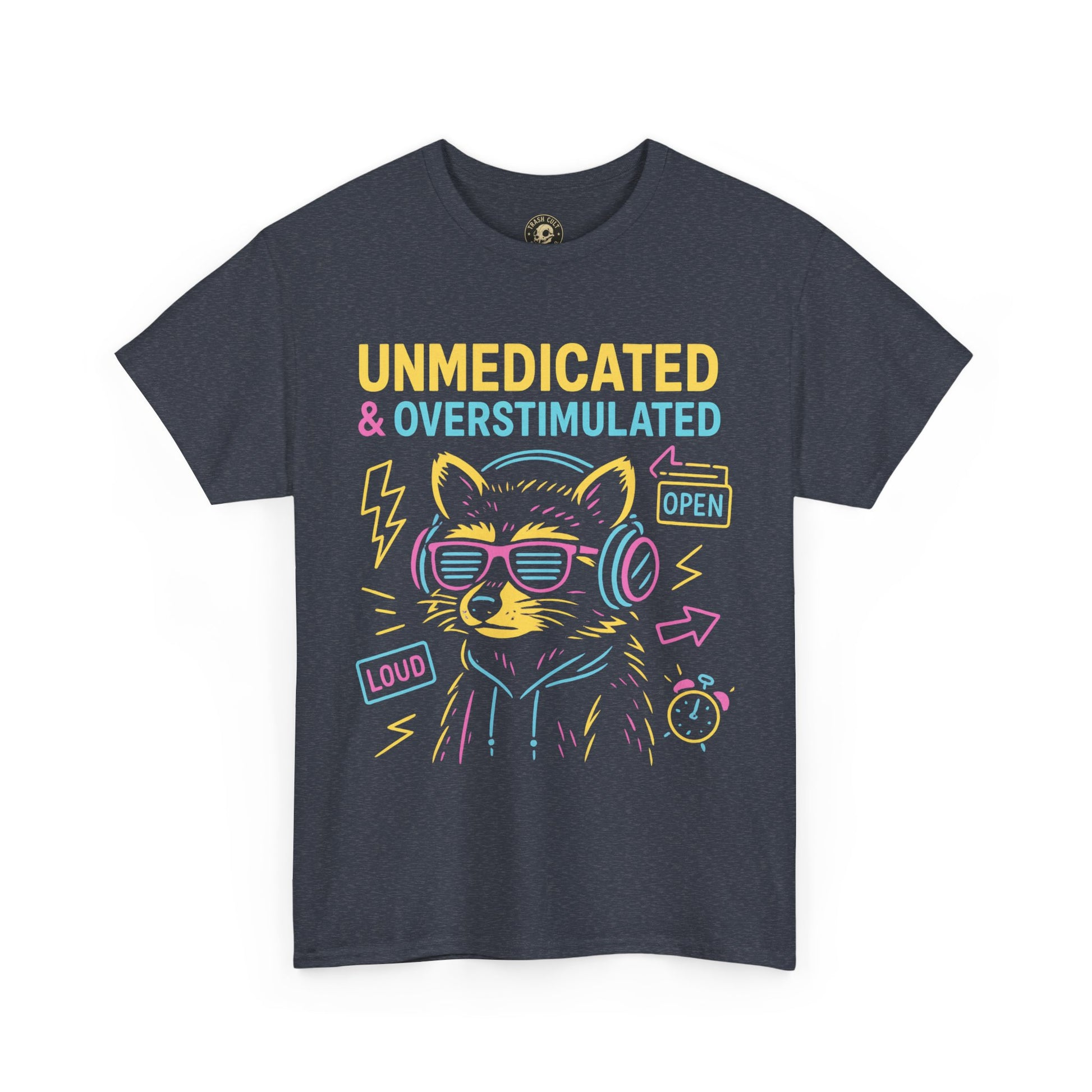 Unmedicated & Overstimulated Neon Raccoon ADHD Shirt – Trash Cult Supply Co. – Gildan 5000