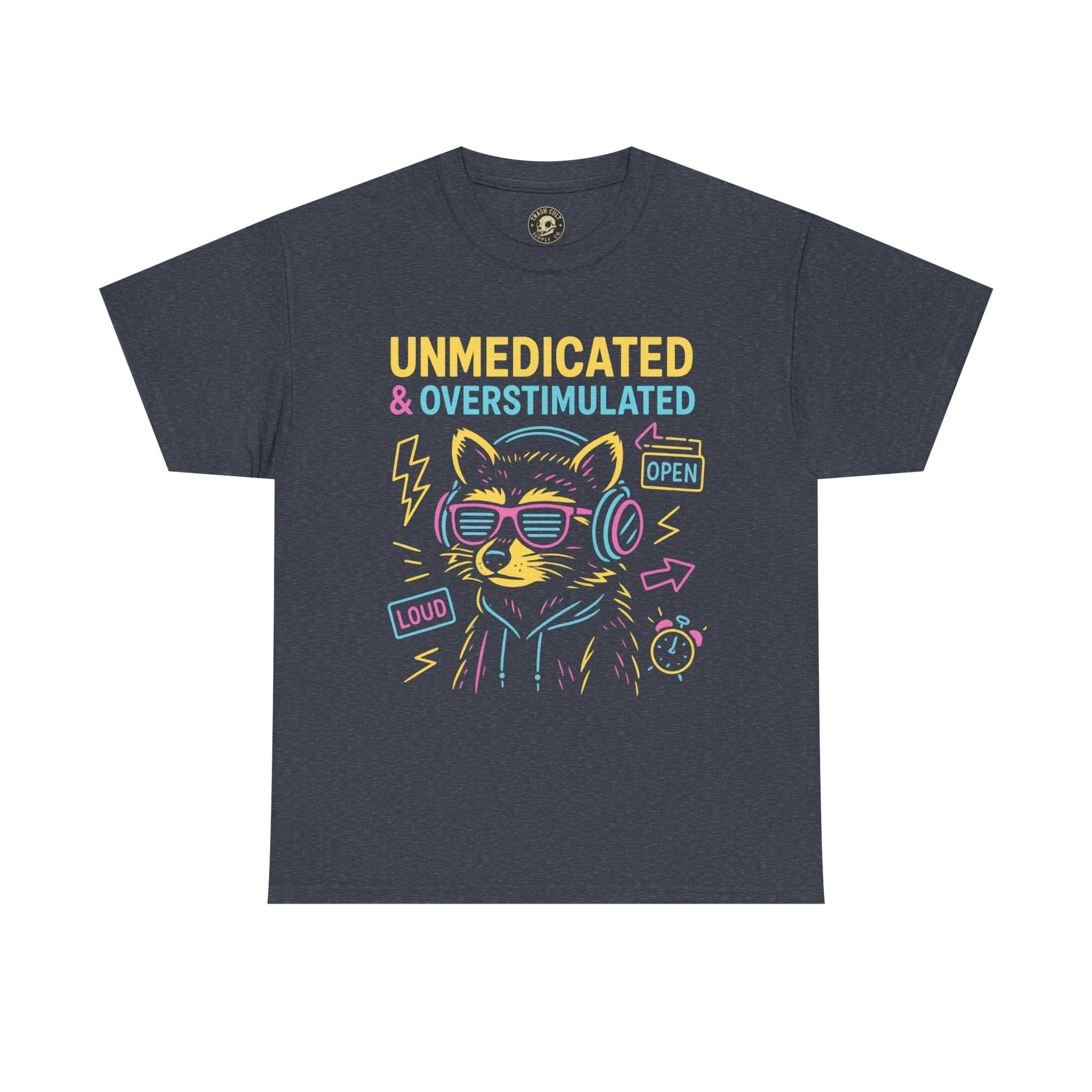 Unmedicated & Overstimulated Neon Raccoon ADHD Shirt – Trash Cult Supply Co. – Gildan 5000