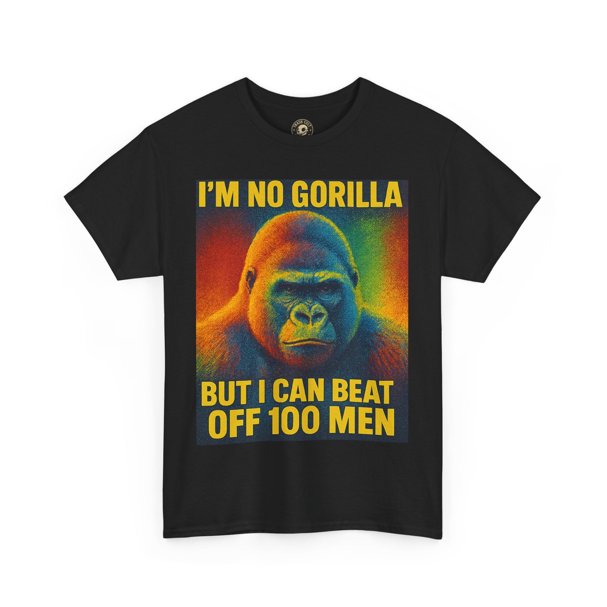 I’m No Gorilla But I Can Beat Off 100 Men Shirt – Multicolor Halftone Gorilla Tee on Gildan 5000