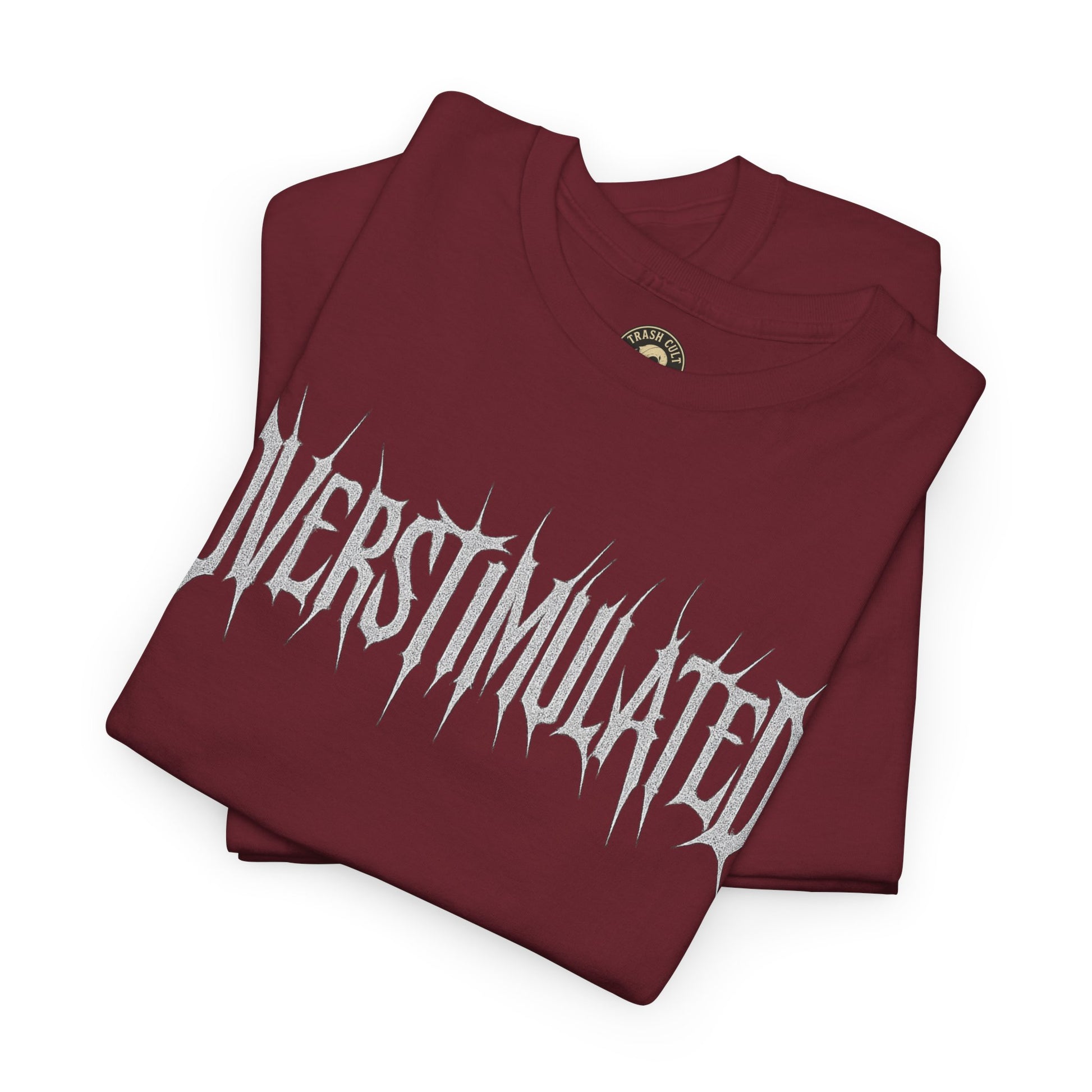 OVERSTIMULATED Metalcore Grunge Shirt – White on Black Distressed Font Tee