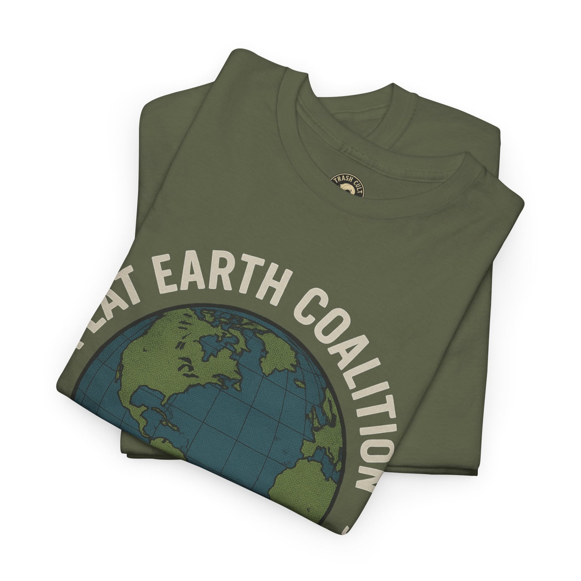 Flat Earth Coalition Funny Globe Parody Shirt – “Members From Around the Globe” Tee – Satirical Conspiracy Theory Humor Tee
