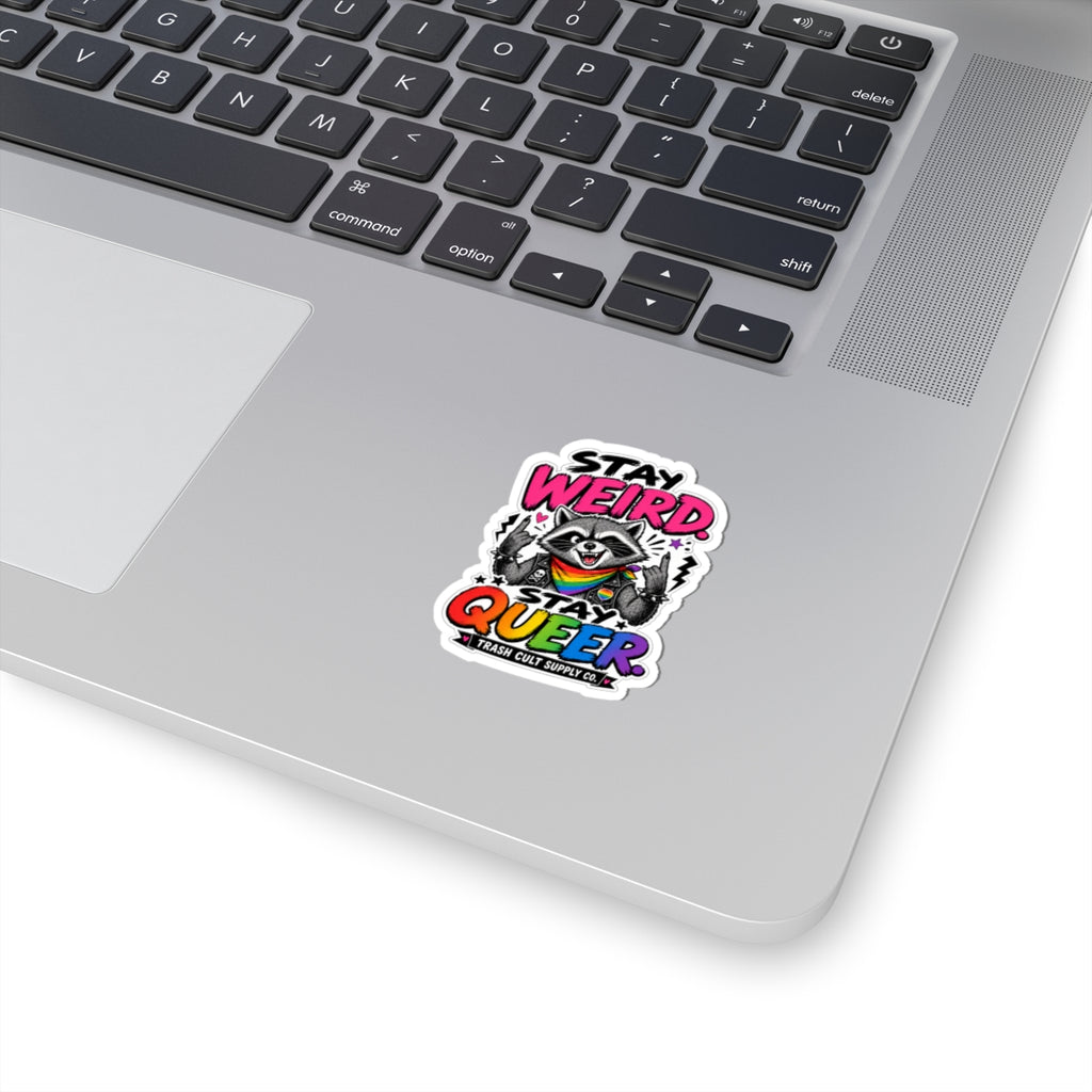 Stay Weird Stay Queer Sticker — Rainbow Raccoon LGBTQ Pride Kiss-Cut Sticker