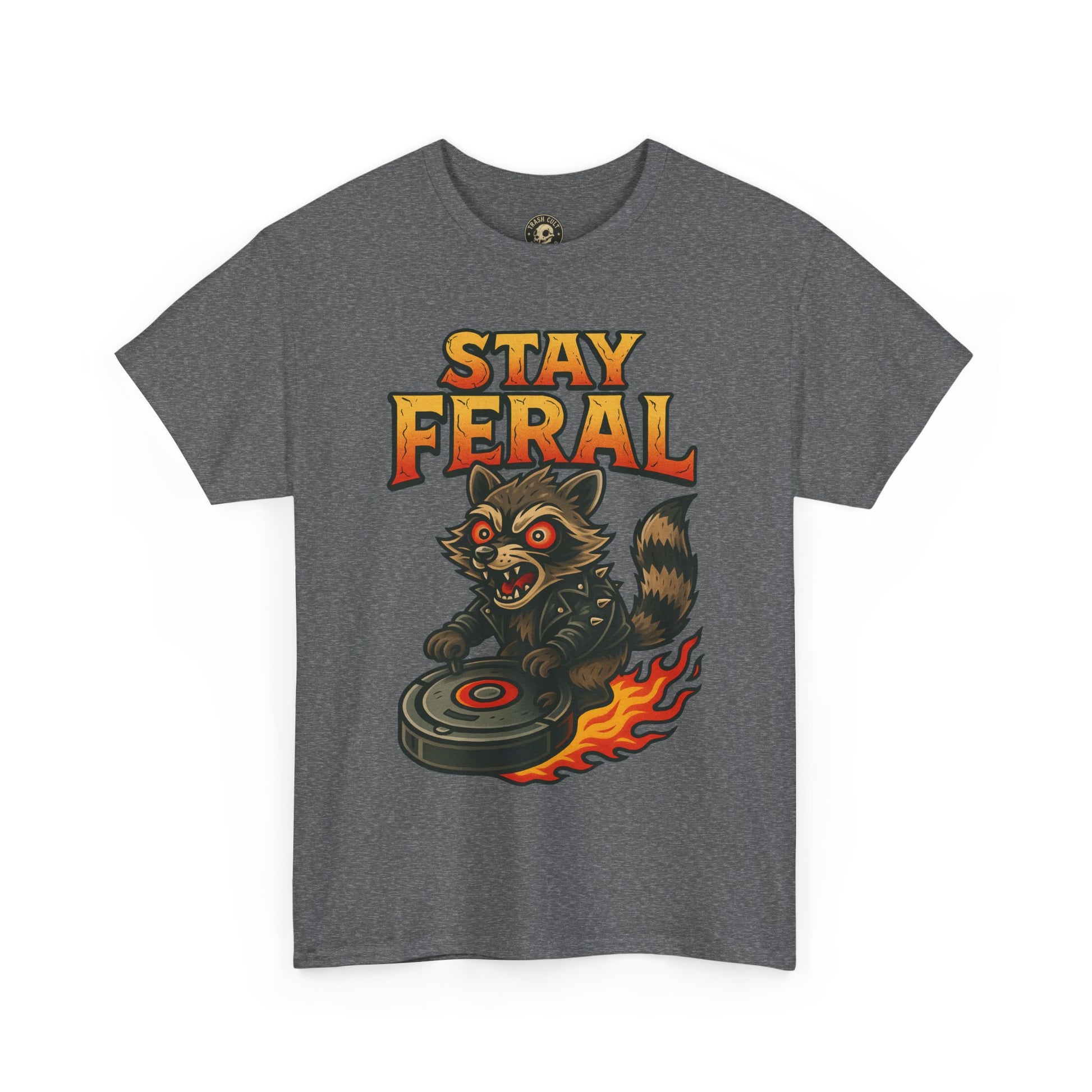Stay Feral Roomba Raccoon T-Shirt – Bold New School Tattoo Style | Trash Cult Supply Co