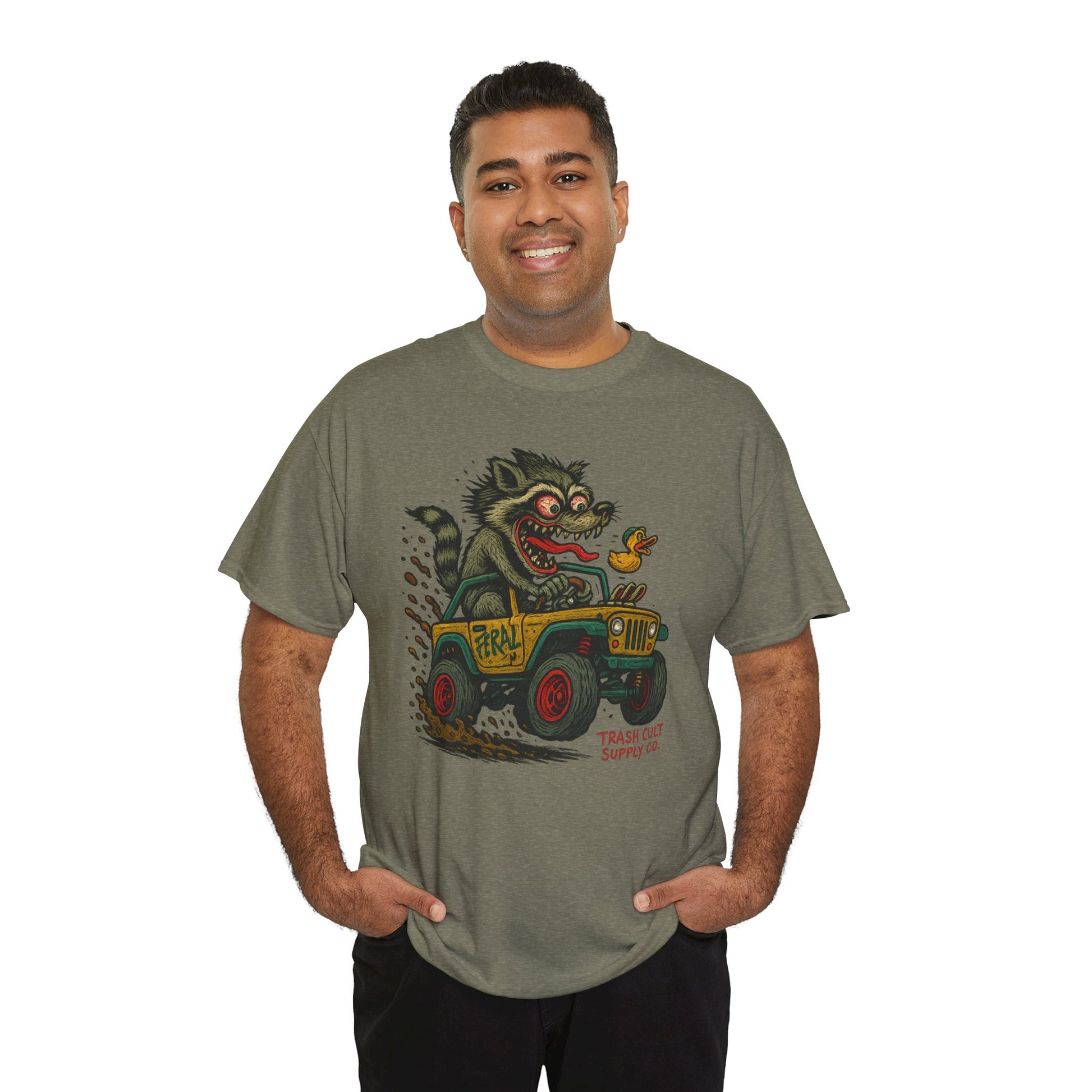 Feral Jeep Raccoon Shirt – Ed Roth Style Off-Road Chaos | Trash Cult Supply Co | Gildan 5000 Tee