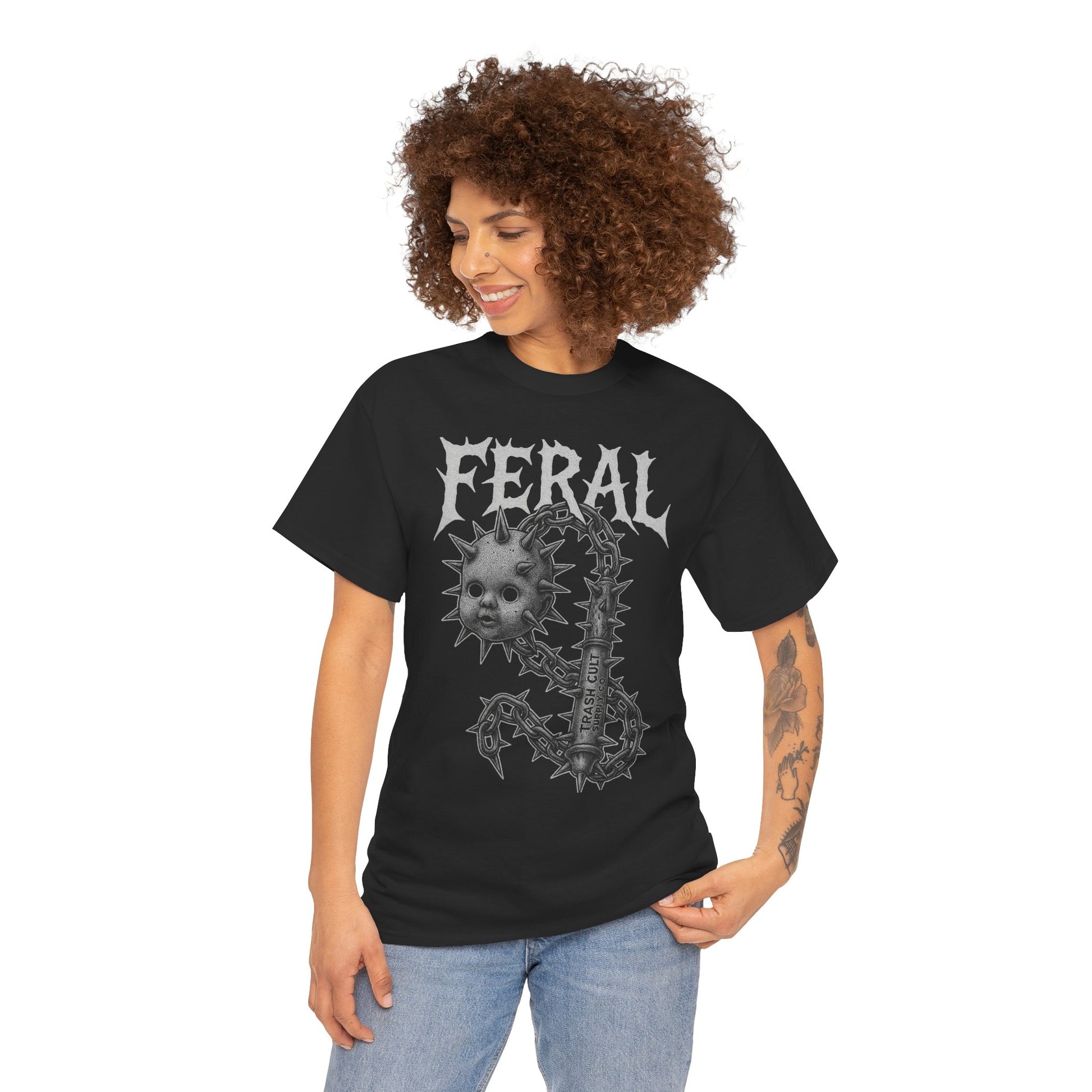 FERAL Spiked Doll Flail Tee – Halftone Gothic Weapon Shirt | Trash Cult Supply Co. | Gildan 5000
