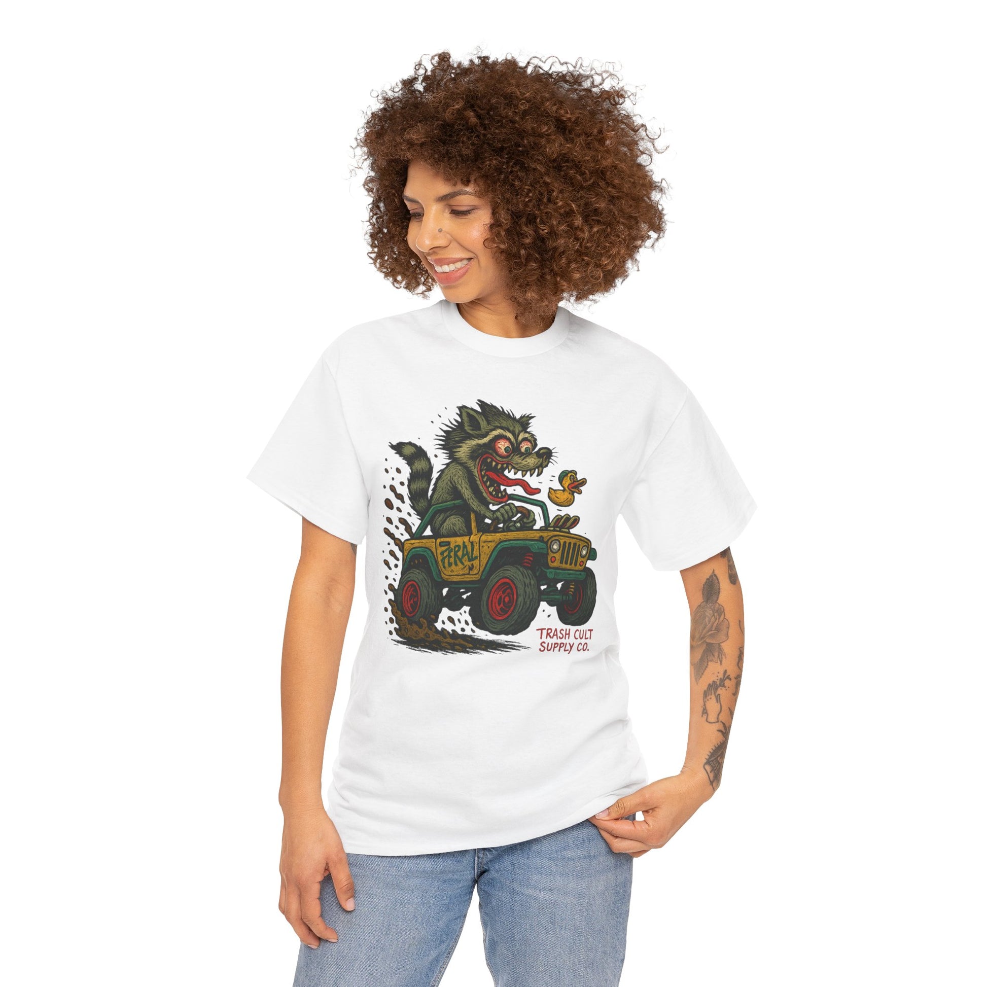 Feral Jeep Raccoon Shirt – Ed Roth Style Off-Road Chaos | Trash Cult Supply Co | Gildan 5000 Tee