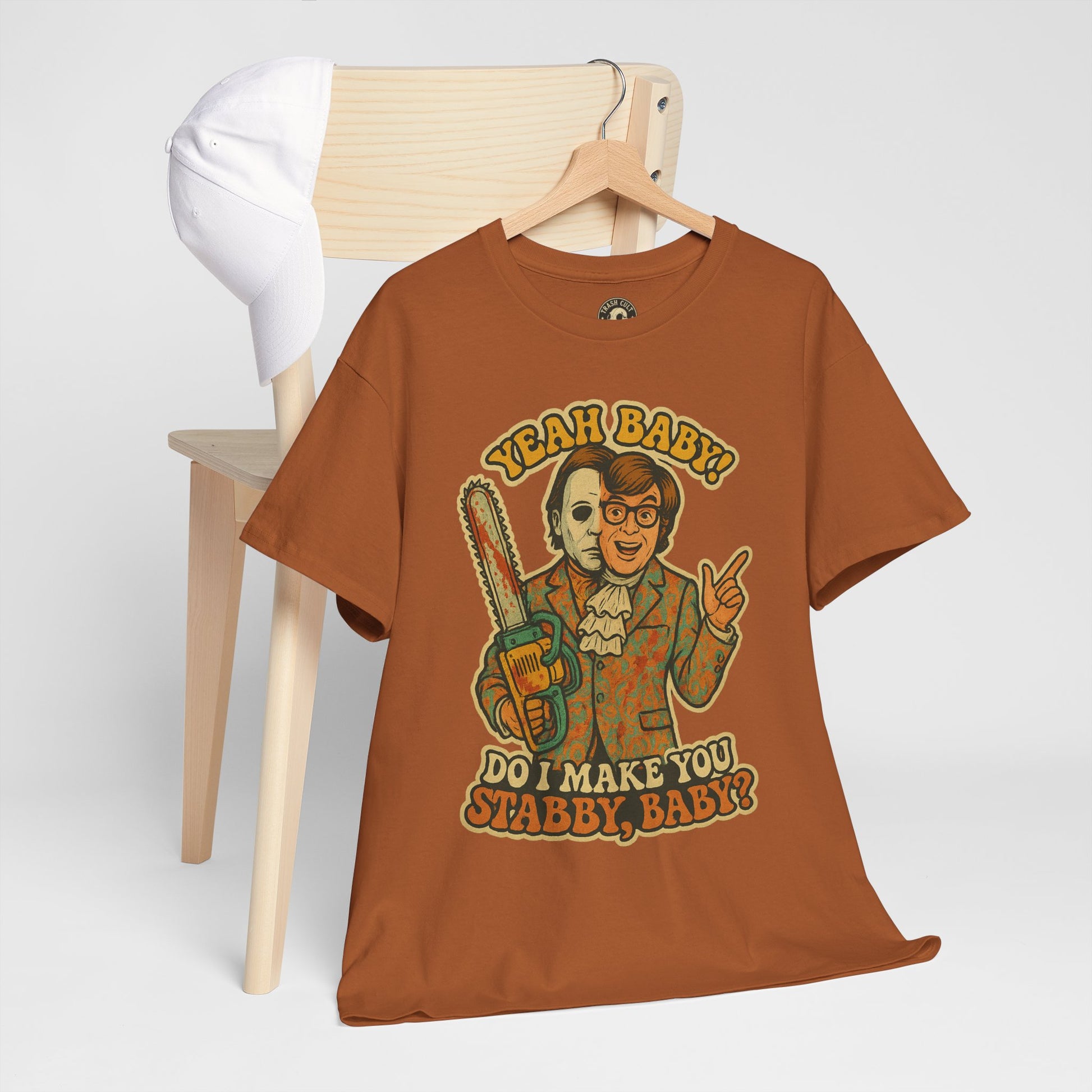 Mike Myers Parody Shirt – “Do I Make You Stabby, Baby?” Funny Horror Mashup Tee – Gildan 5000 Unisex