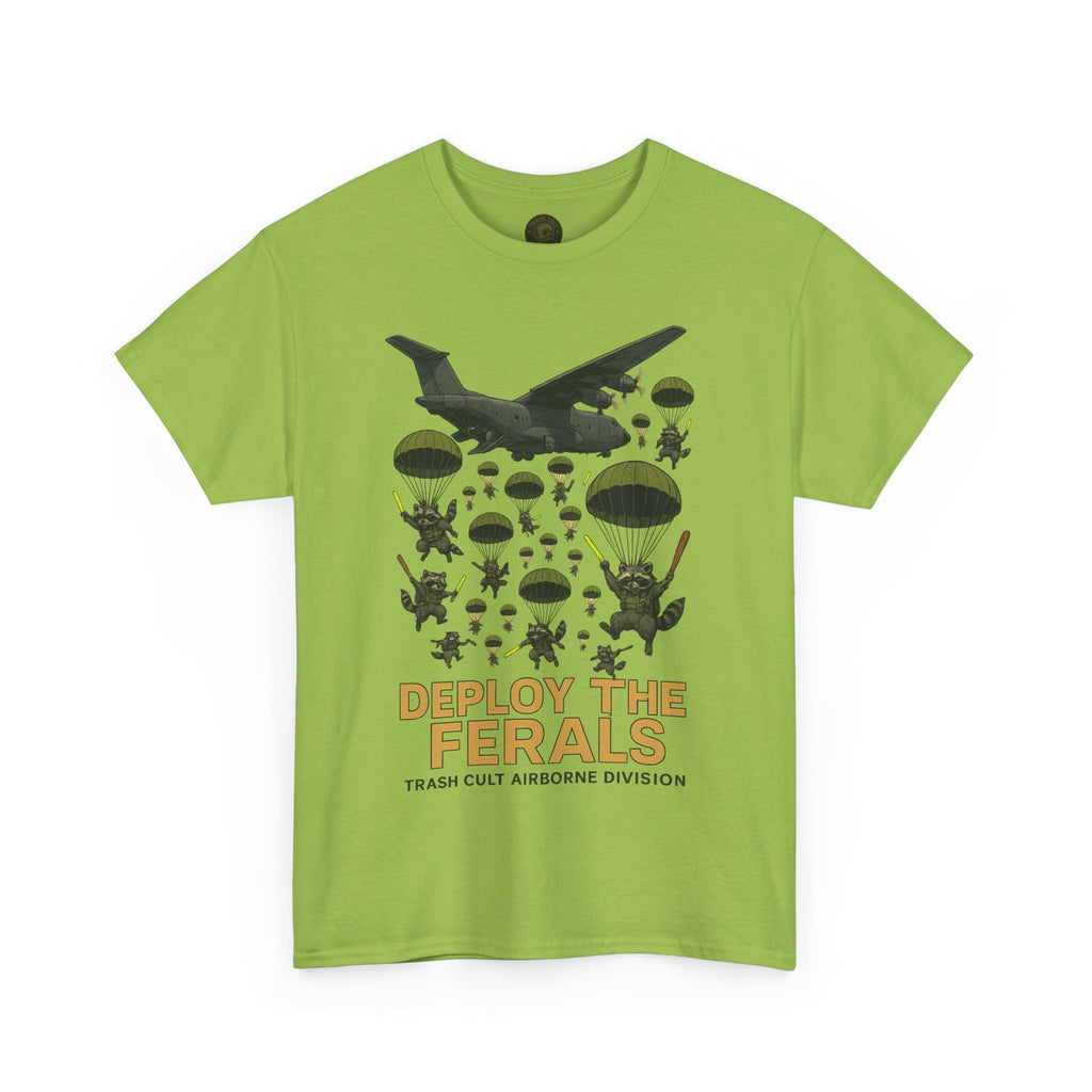 Deploy the Ferals T-Shirt – Airborne Raccoon Drop Graphic | Trash Cult Supply Co. | Gildan 5000 Heavy Cotton Tee