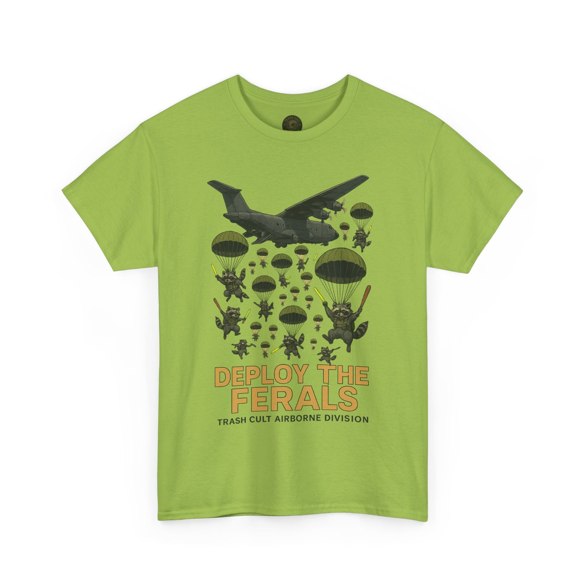 Deploy the Ferals T-Shirt – Airborne Raccoon Drop Graphic | Trash Cult Supply Co. | Gildan 5000 Heavy Cotton Tee