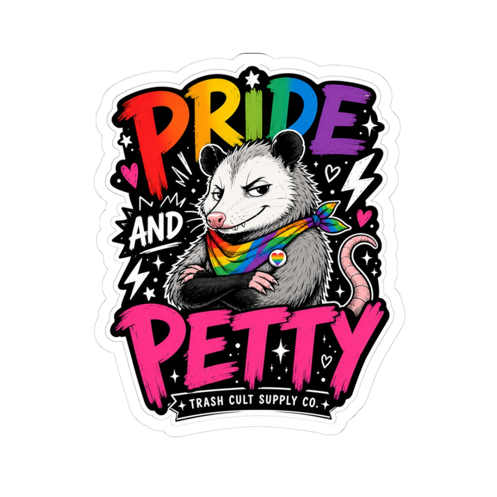 Pride and Petty Kiss-Cut Sticker — Rainbow Opossum LGBTQ+ Decorative Decal