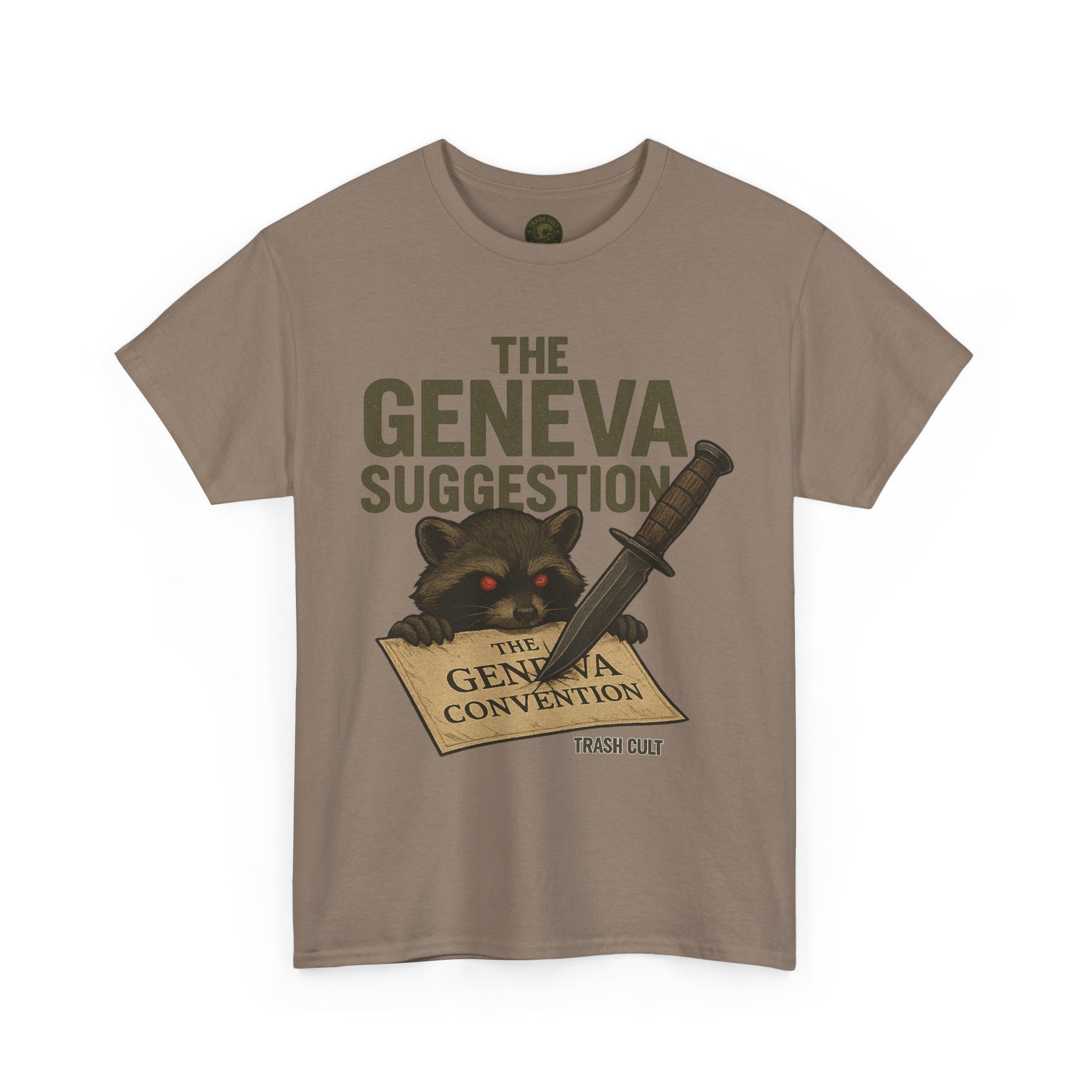 The Geneva Suggestion T-Shirt – Tactical Raccoon Dark Humor Tee | Trash Cult Supply Co. | Gildan 5000