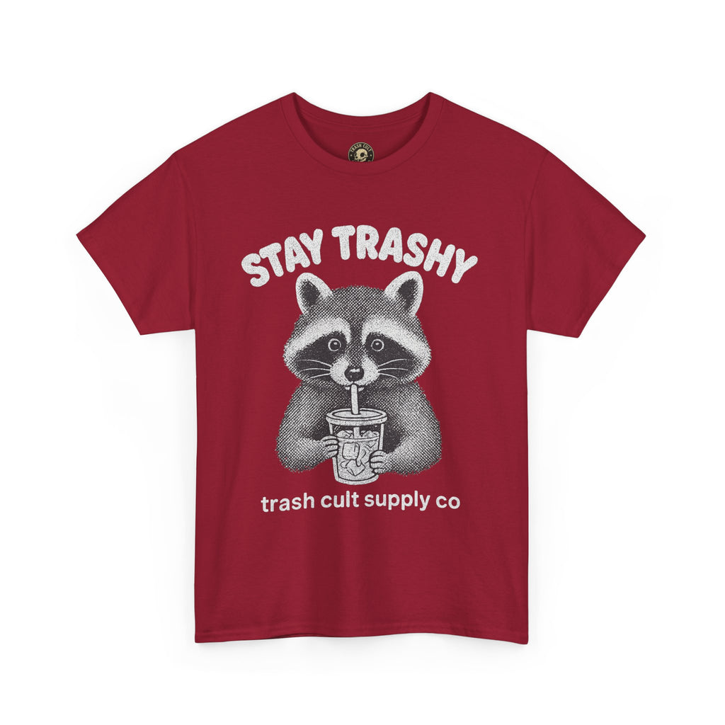 Stay Trashy Raccoon Iced Coffee Shirt – Halftone All White Design | Trash Cult Supply Co.