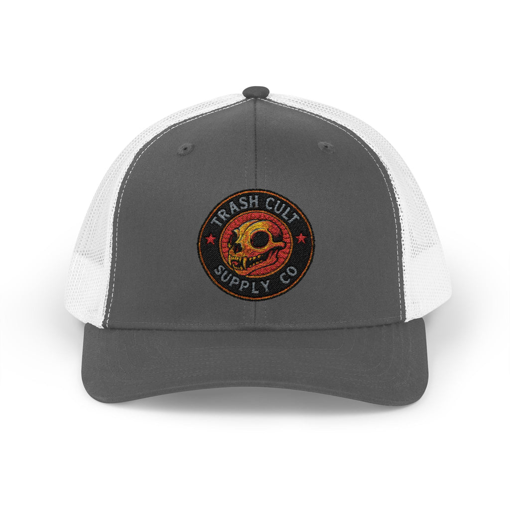 Gray and white trucker cap with a logo on a white background