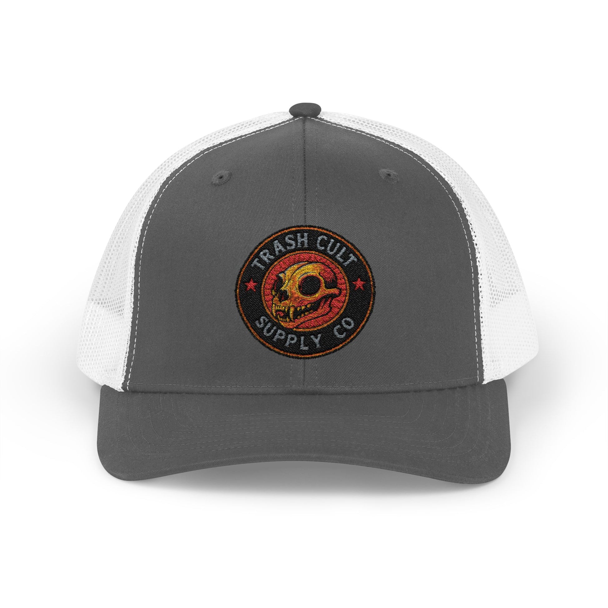 Gray and white trucker cap with a logo on a white background