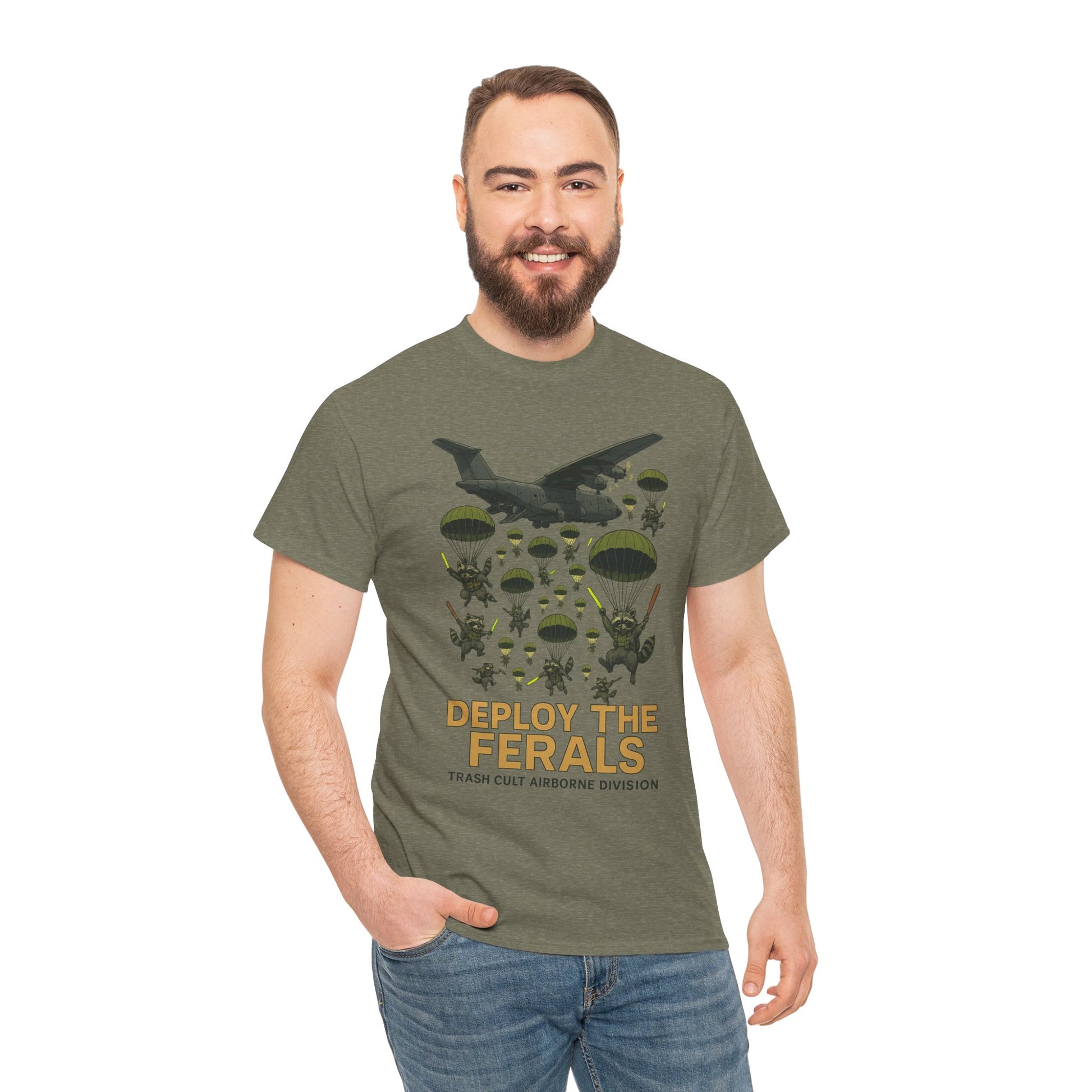 Deploy the Ferals T-Shirt – Airborne Raccoon Drop Graphic | Trash Cult Supply Co. | Gildan 5000 Heavy Cotton Tee
