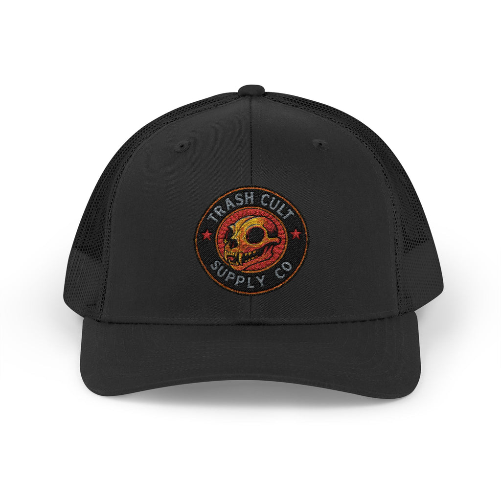Black trucker cap with a logo on a white background
