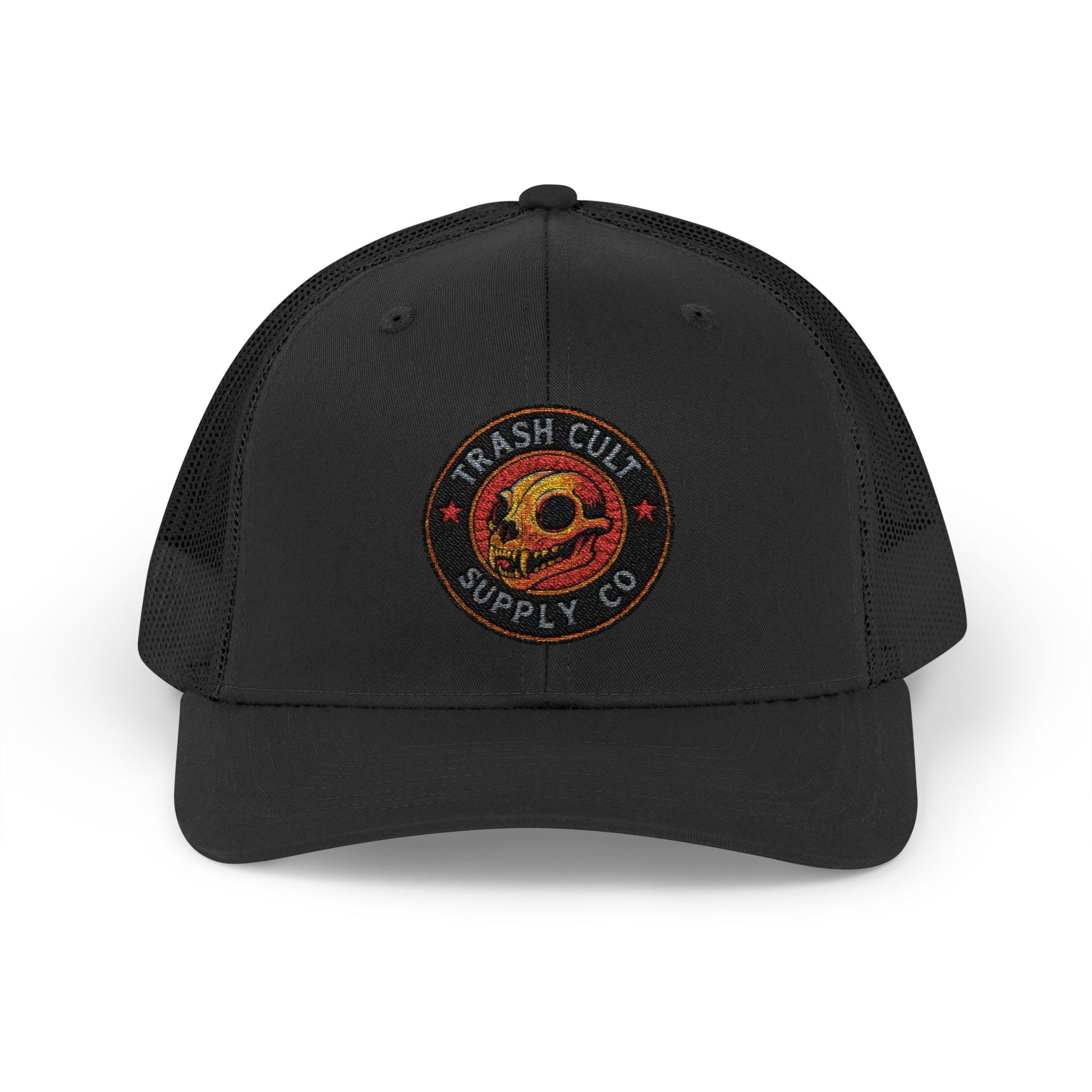 Black trucker cap with a logo on a white background