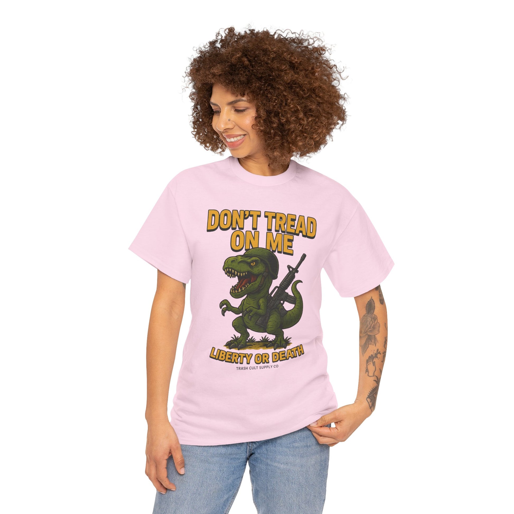 Don’t Tread On Me T-Rex T-Shirt – Liberty or Death Graphic | Trash Cult Supply Co. | Gildan 5000 Heavy Cotton