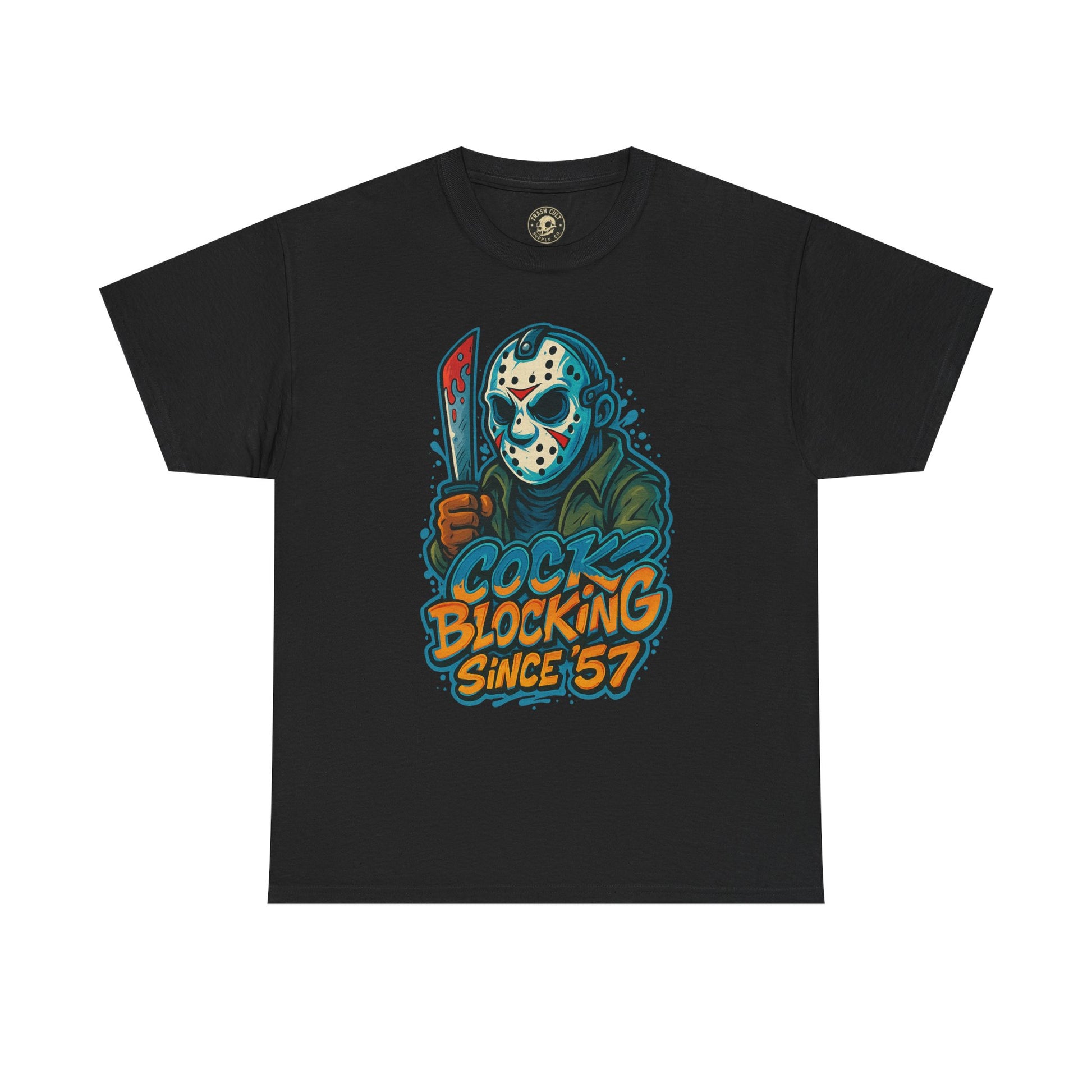 Jason Voorhees “Cock Blocking Since ’57” Funny Horror T-Shirt – Gildan 5000 | Slasher Meme Graphic Tee