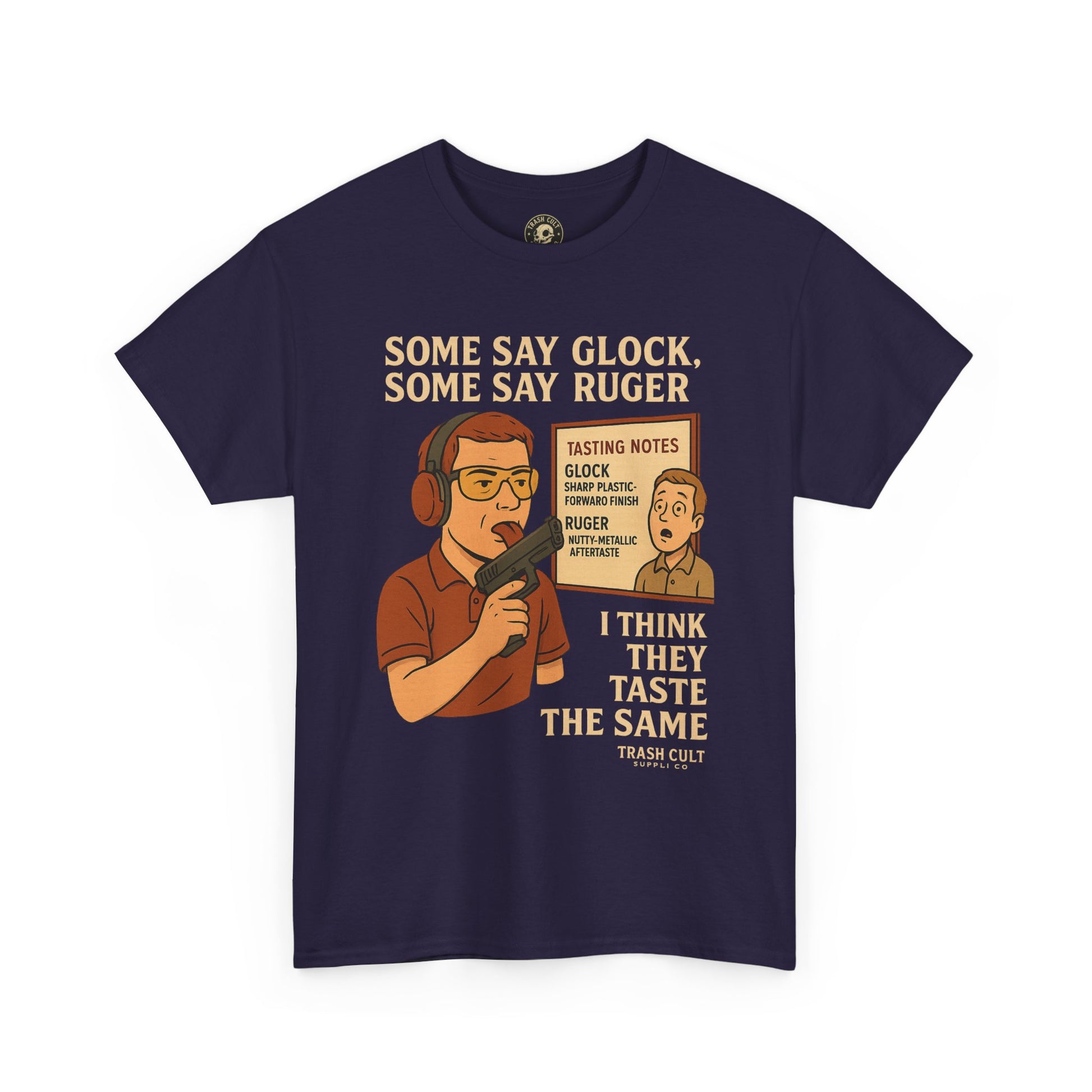 Glock vs Ruger Mouthfeel Shirt – Funny Gun Show Parody Tee | Dark Humor Firearm Tasting Notes Shirt