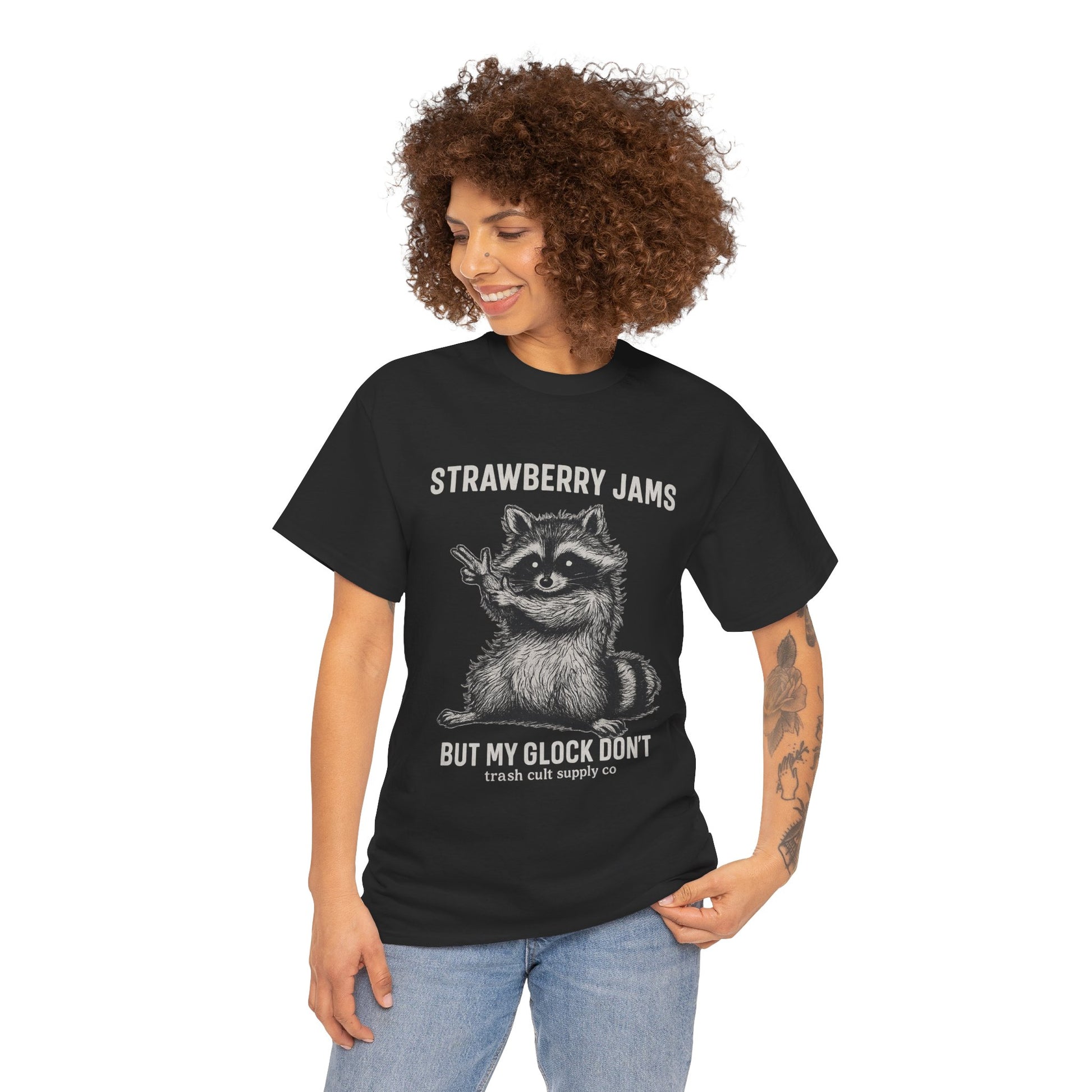 Strawberry Jams But My Glock Don’t Raccoon Shirt – Trash Cult Supply Co. Gildan 5000 Tee