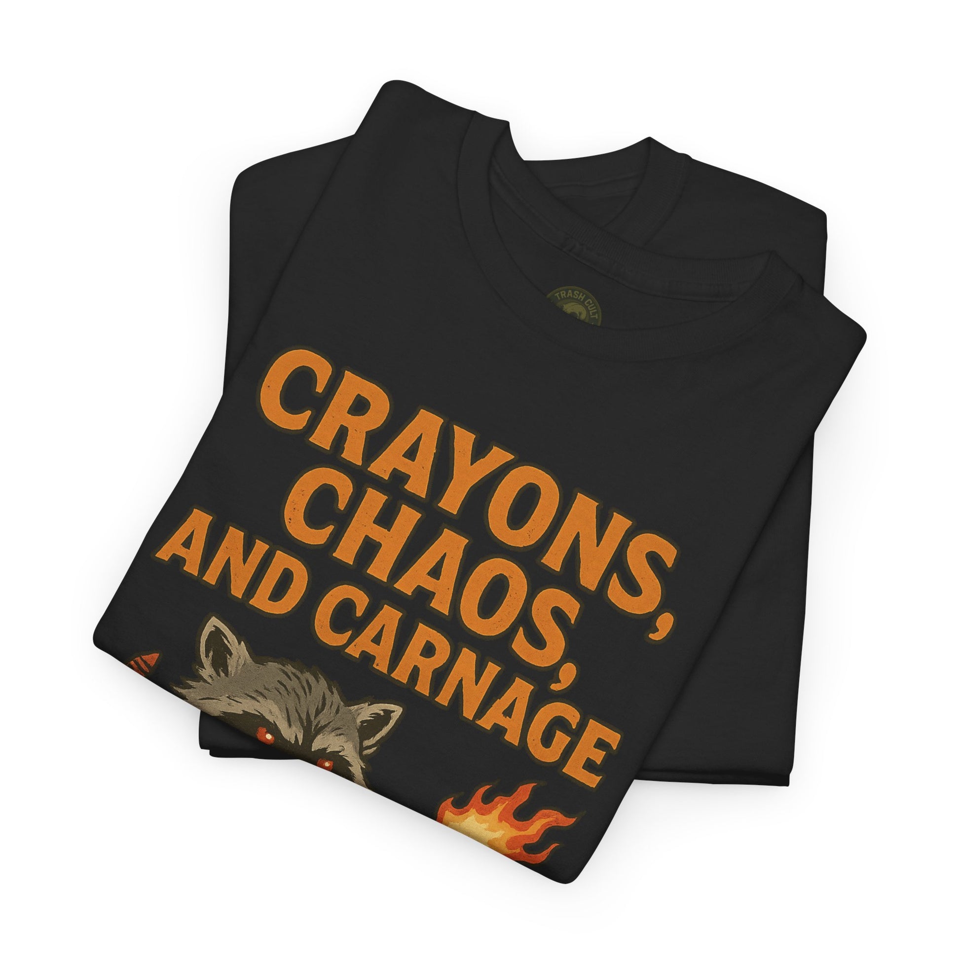 Crayons, Chaos, and Carnage T-Shirt – Dark Humor Raccoon Graphic | Trash Cult Supply Co. | Gildan 5000 Tee
