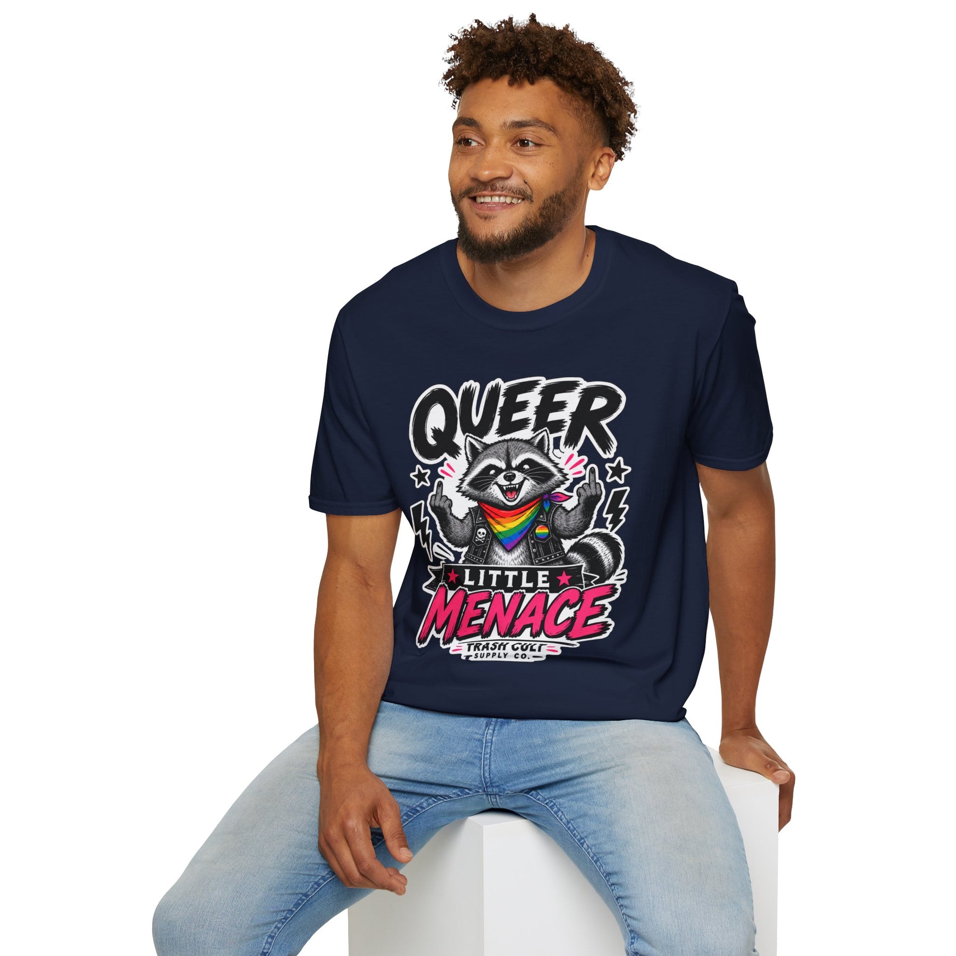 Queer Little Menace T-Shirt — Rainbow Raccoon Pride Graphic