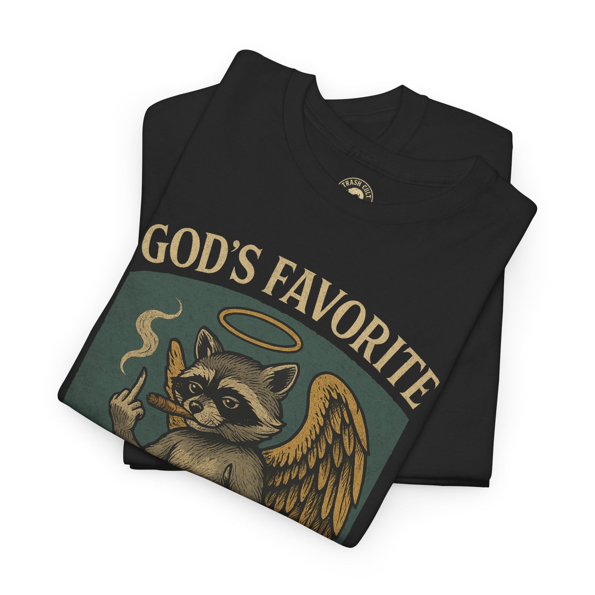 God’s Favorite Mistake Shirt – Raccoon Angel Flipping the Bird by Trash Cult Supply Co.