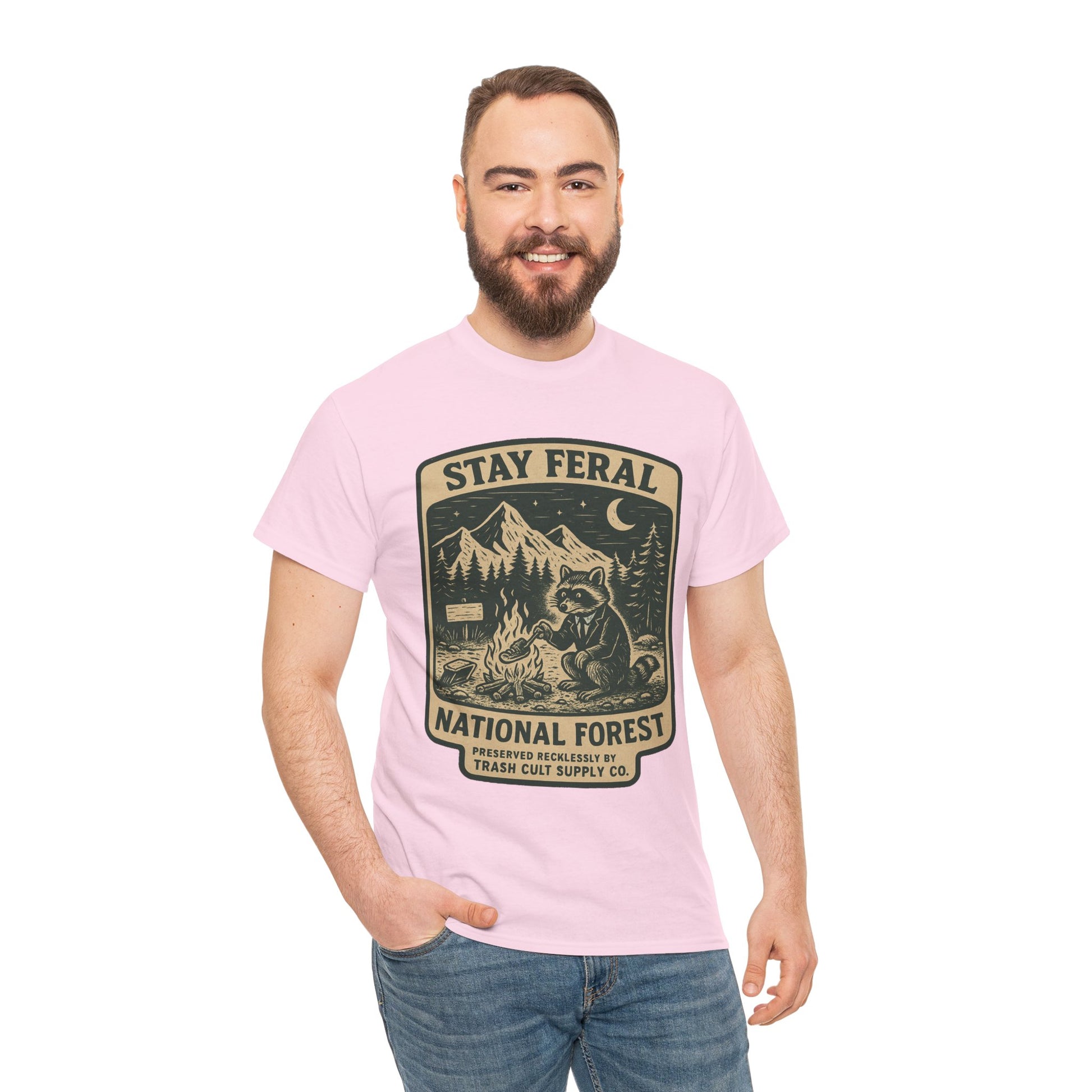 Stay Feral National Forest Shirt – Vintage Raccoon Camping Tee – Trash Cult Supply Co – Gildan 5000